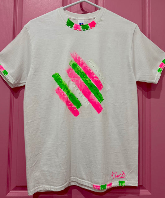 Neon Pink & Green striped t-shirt - size Sml