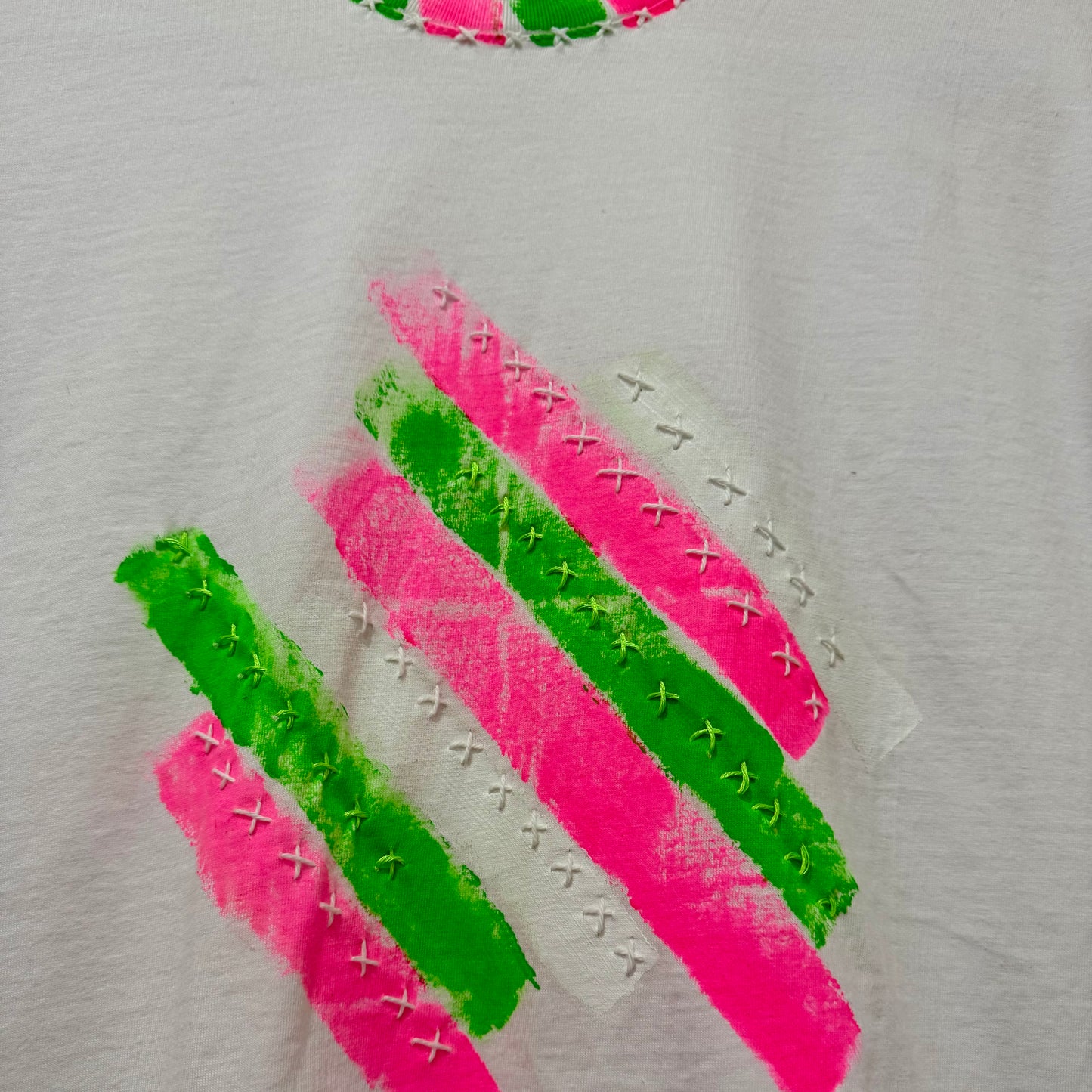 Neon Pink & Green striped t-shirt - size Sml
