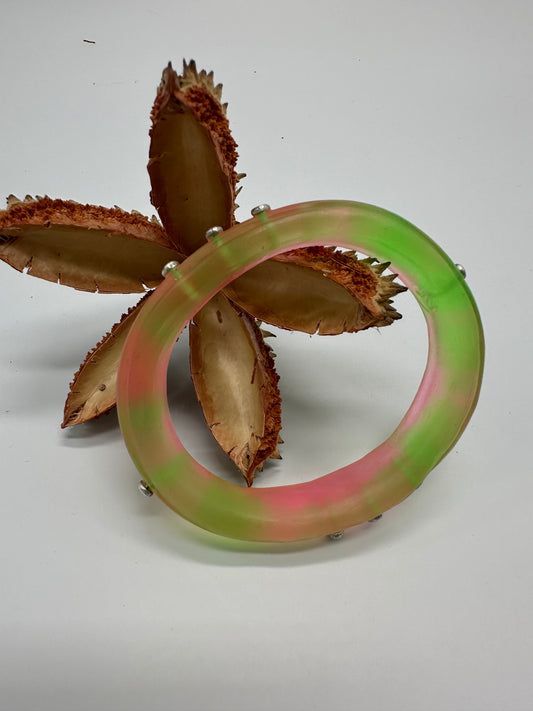 Pink, Green & clear Rim resin bangle with Sterling silver