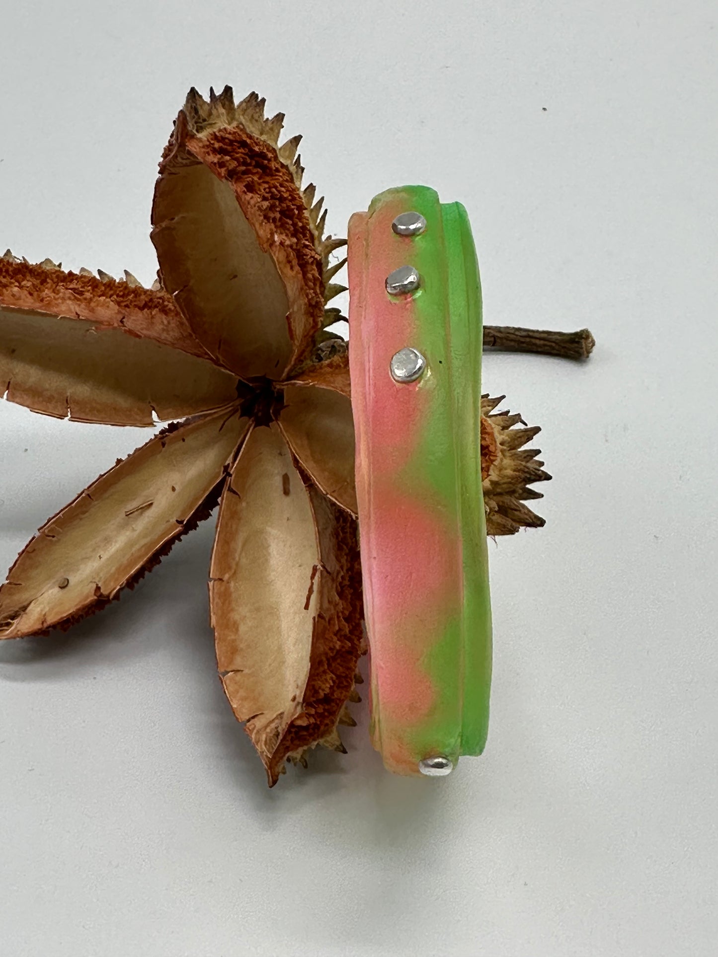 Pink, Green & clear Rim resin bangle with Sterling silver