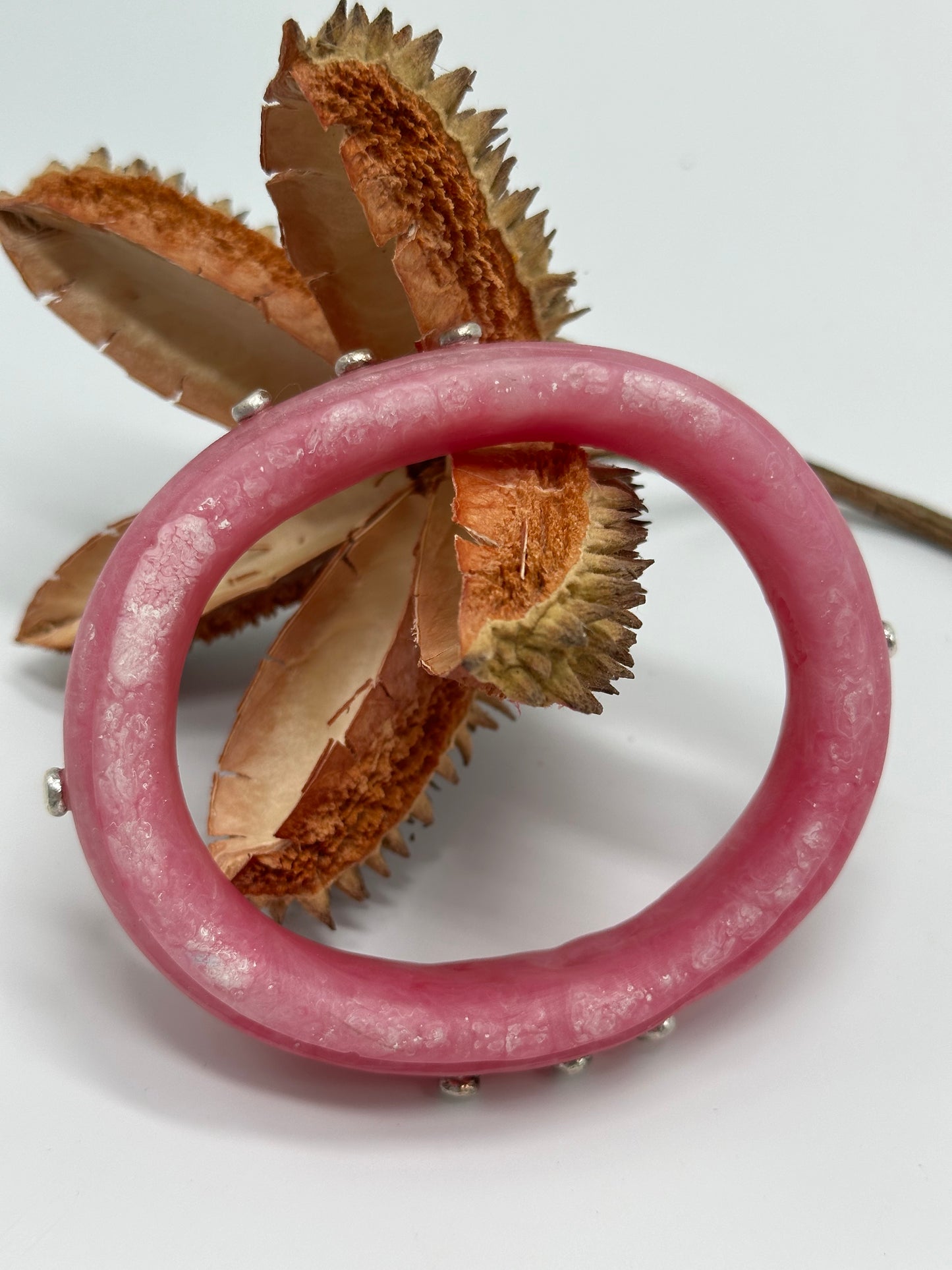Marbled Pink & White Rim resin bangle with Sterling silver