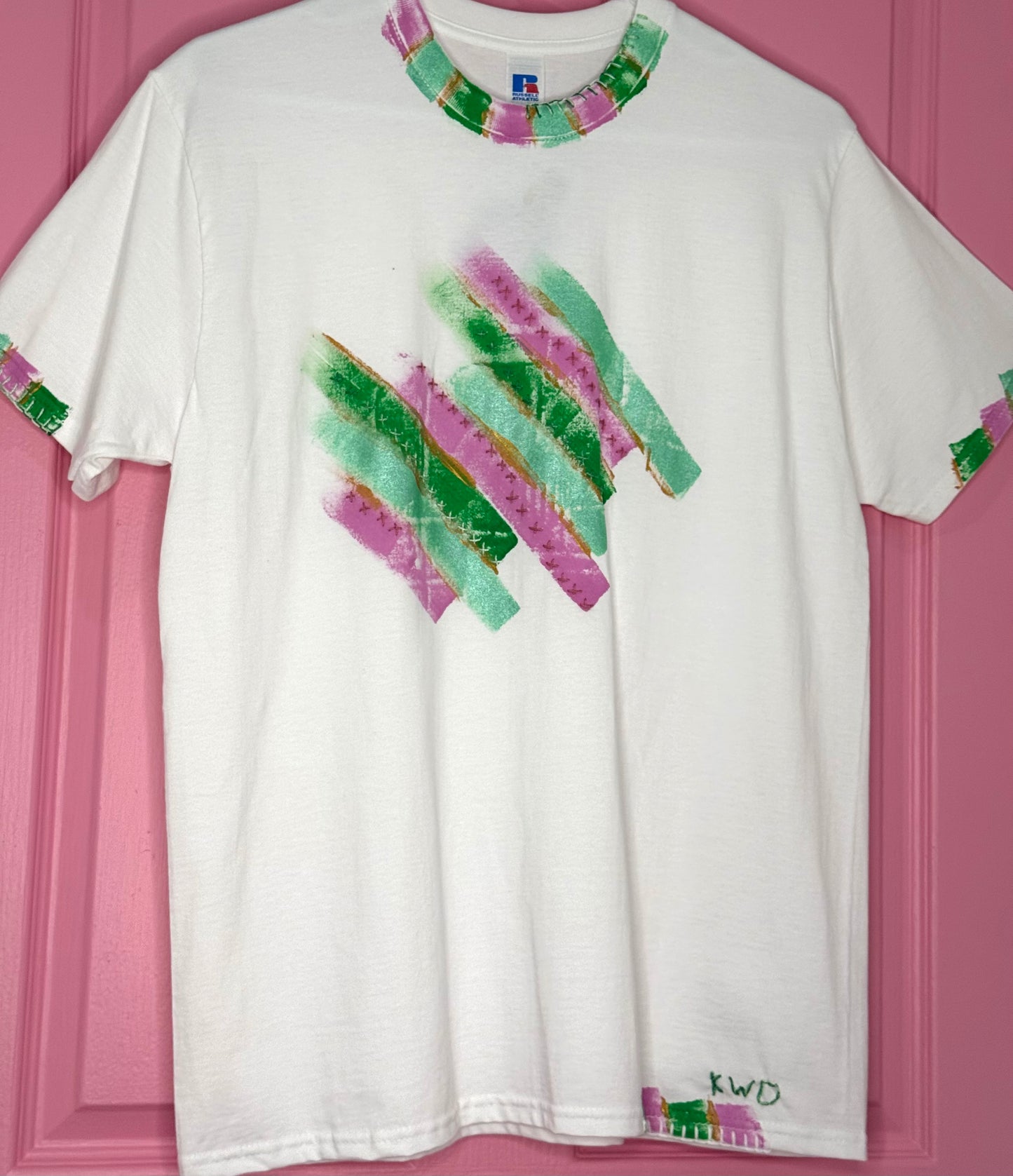 Pink & Green striped t-shirt - size M