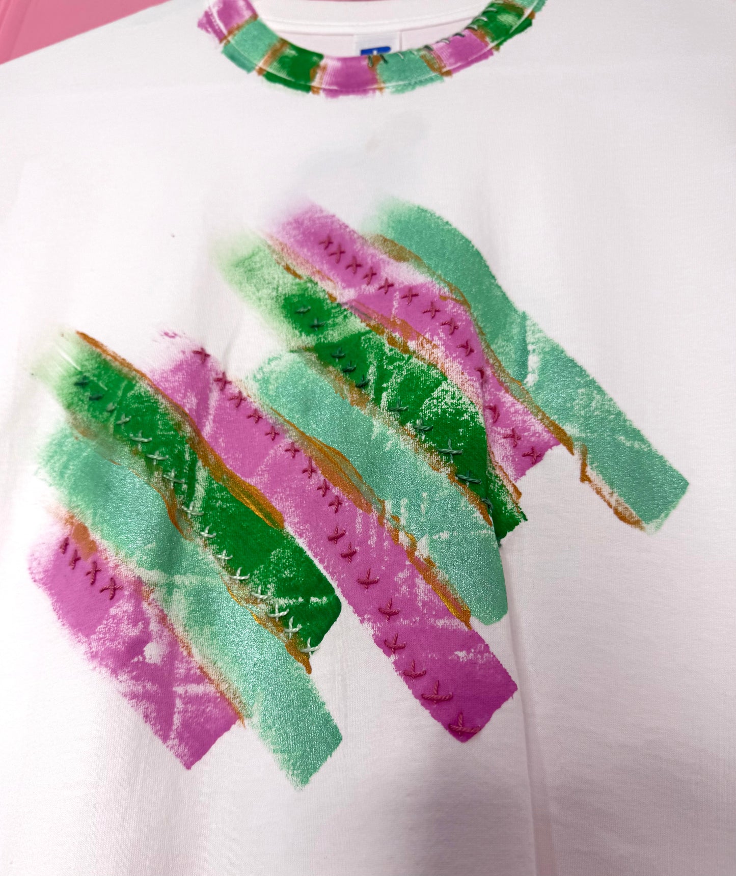 Pink & Green striped t-shirt - size M