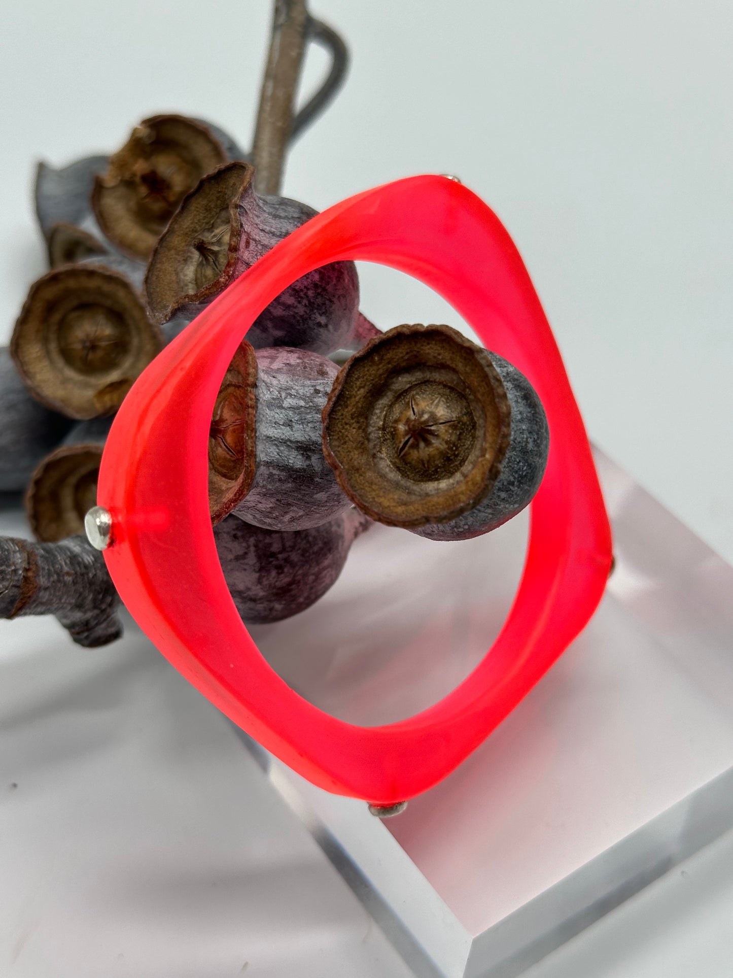 Neon Red 'square round' bangle with silver