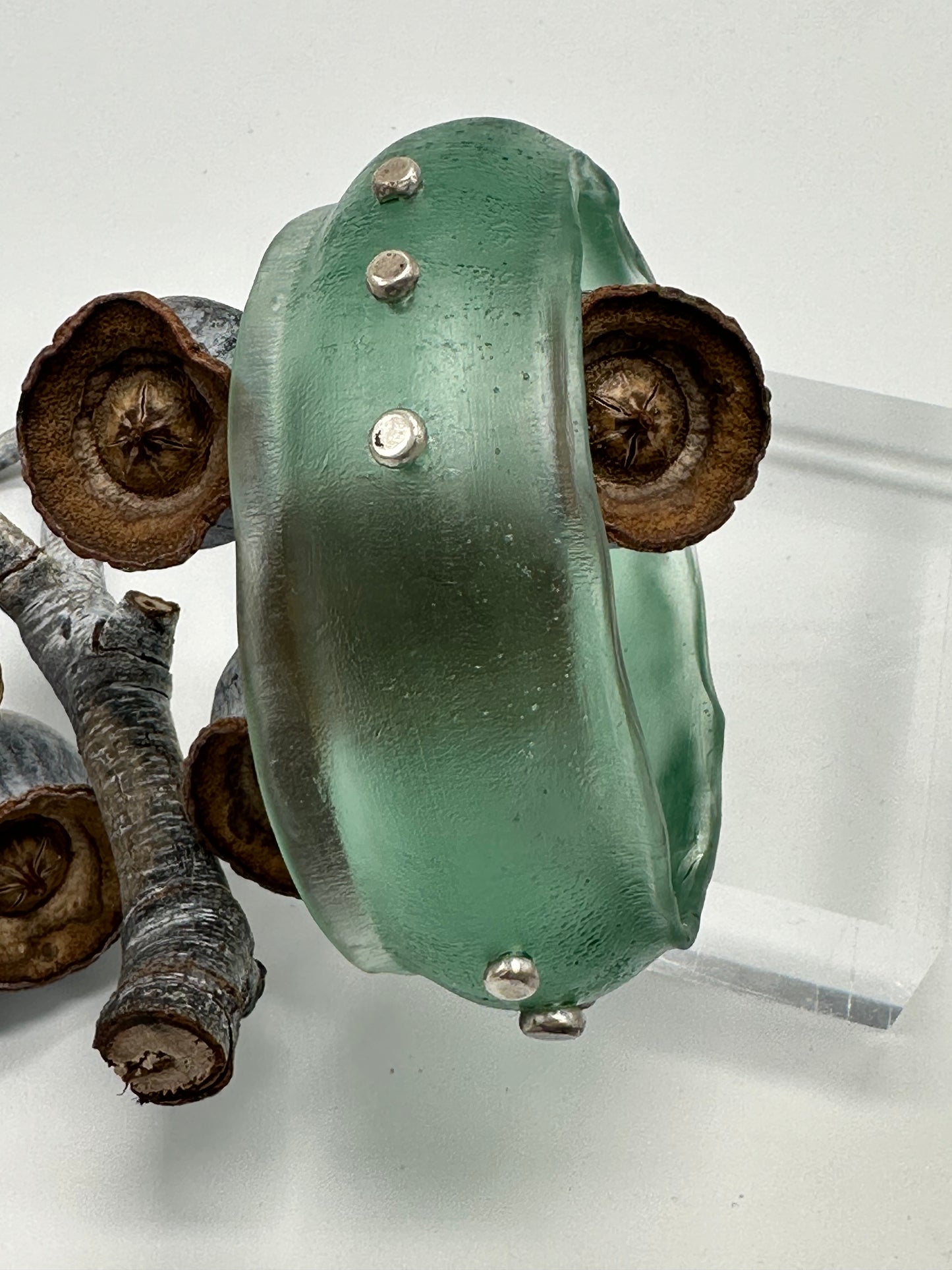Translucent pale green Resin & Silver wide bangle