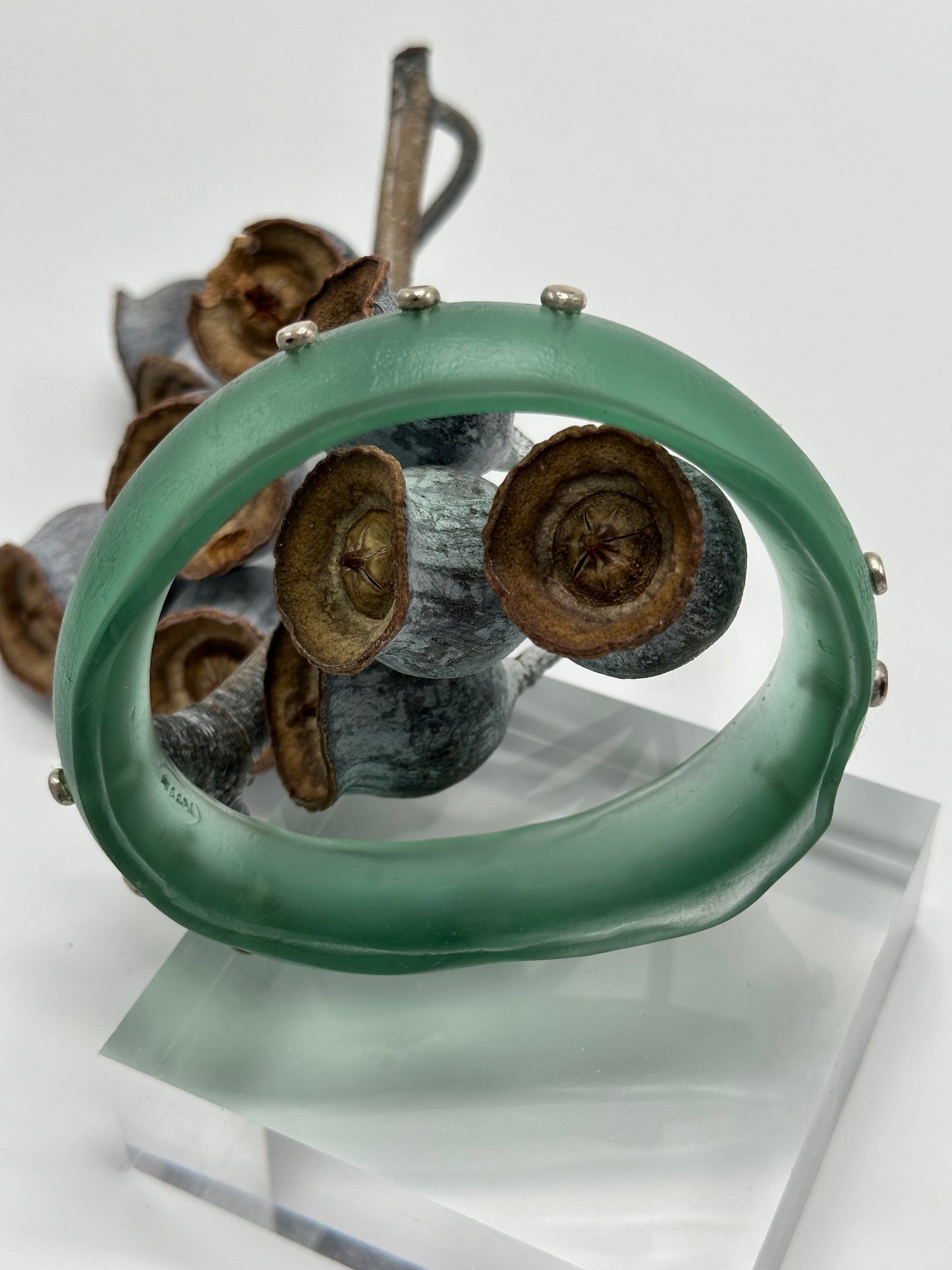 Translucent pale green Resin & Silver wide bangle