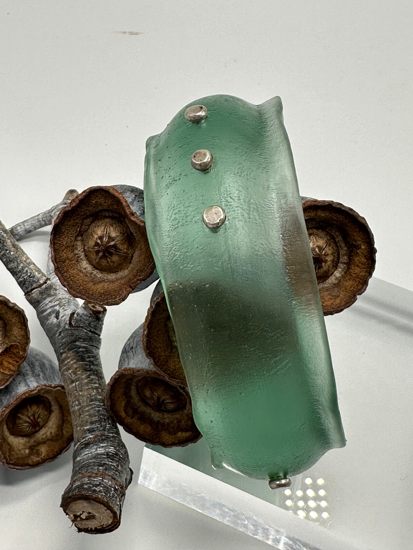 Translucent pale green Resin & Silver wide bangle