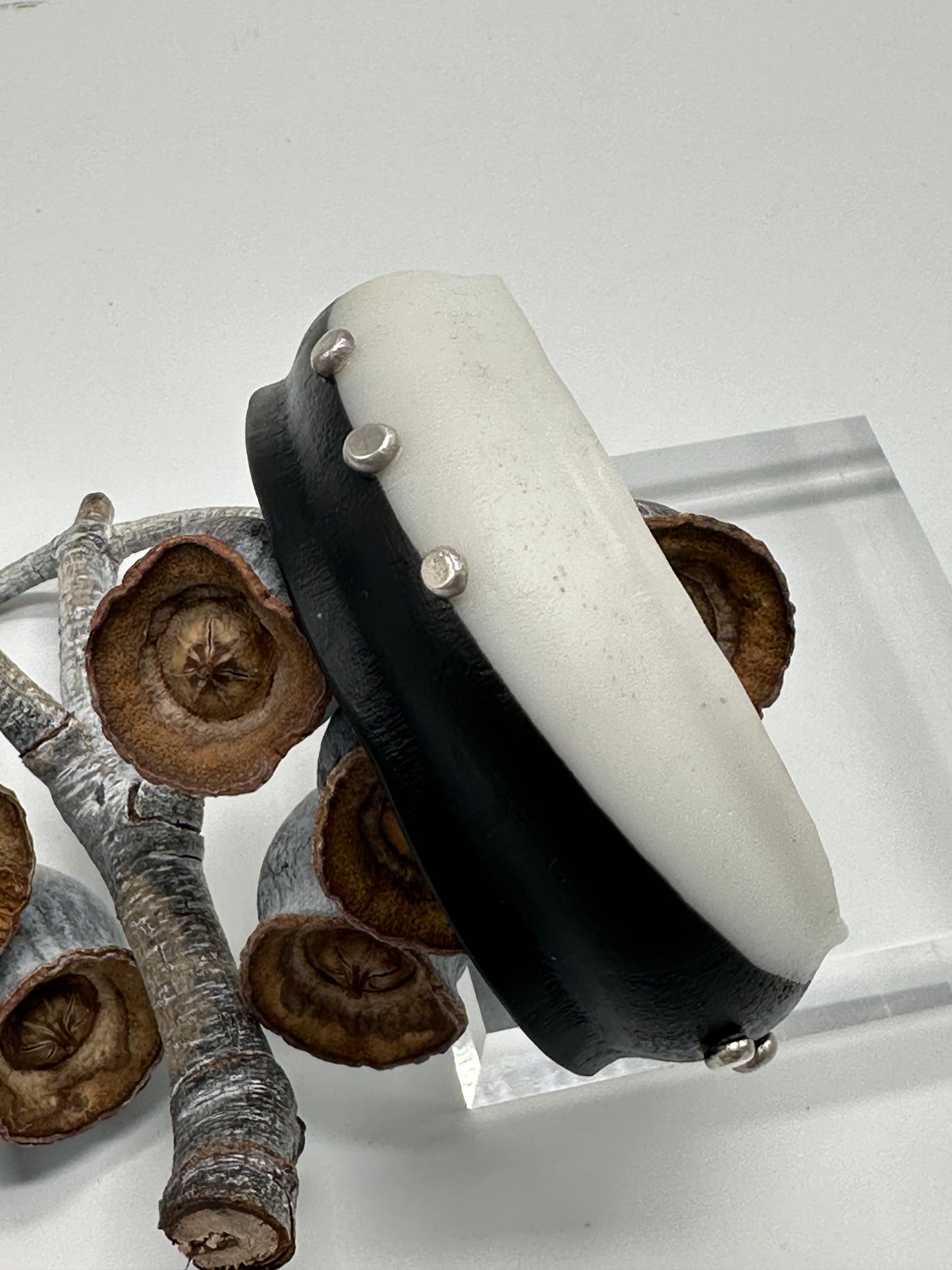 Black/White Resin & Silver wide bangle