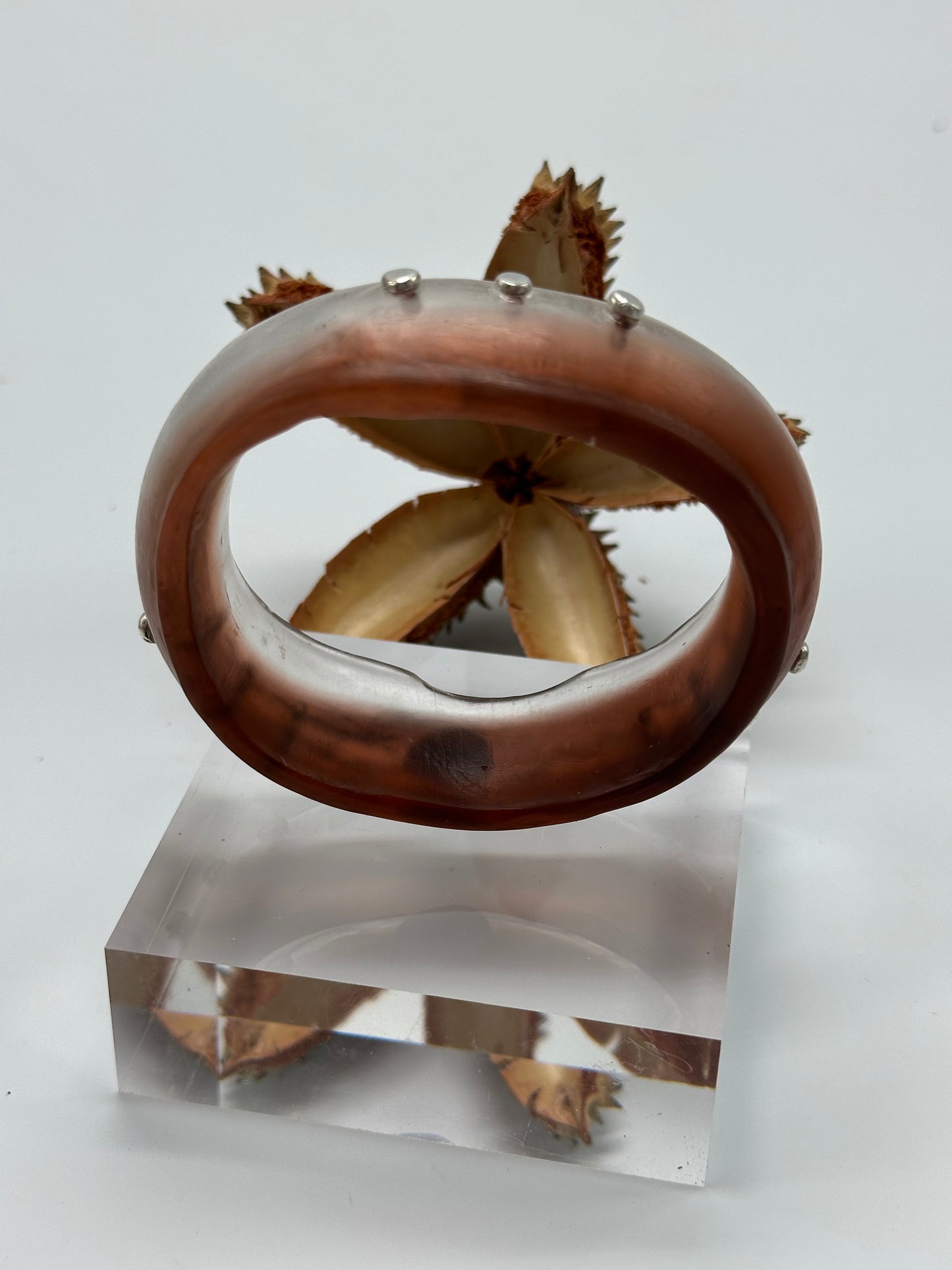 Brown & Clear Resin & silver wide bangle - regular hand size