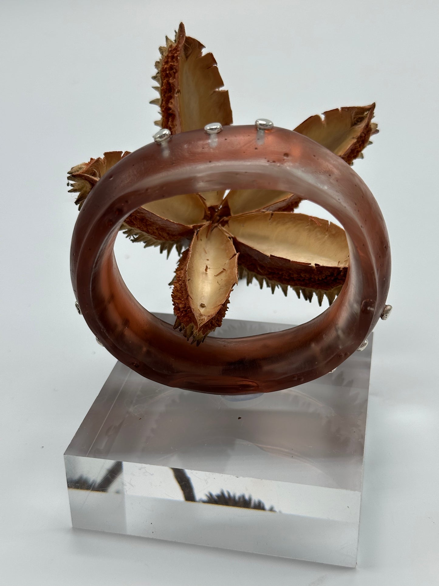 Brown & Clear Resin & silver wide bangle - regular hand size