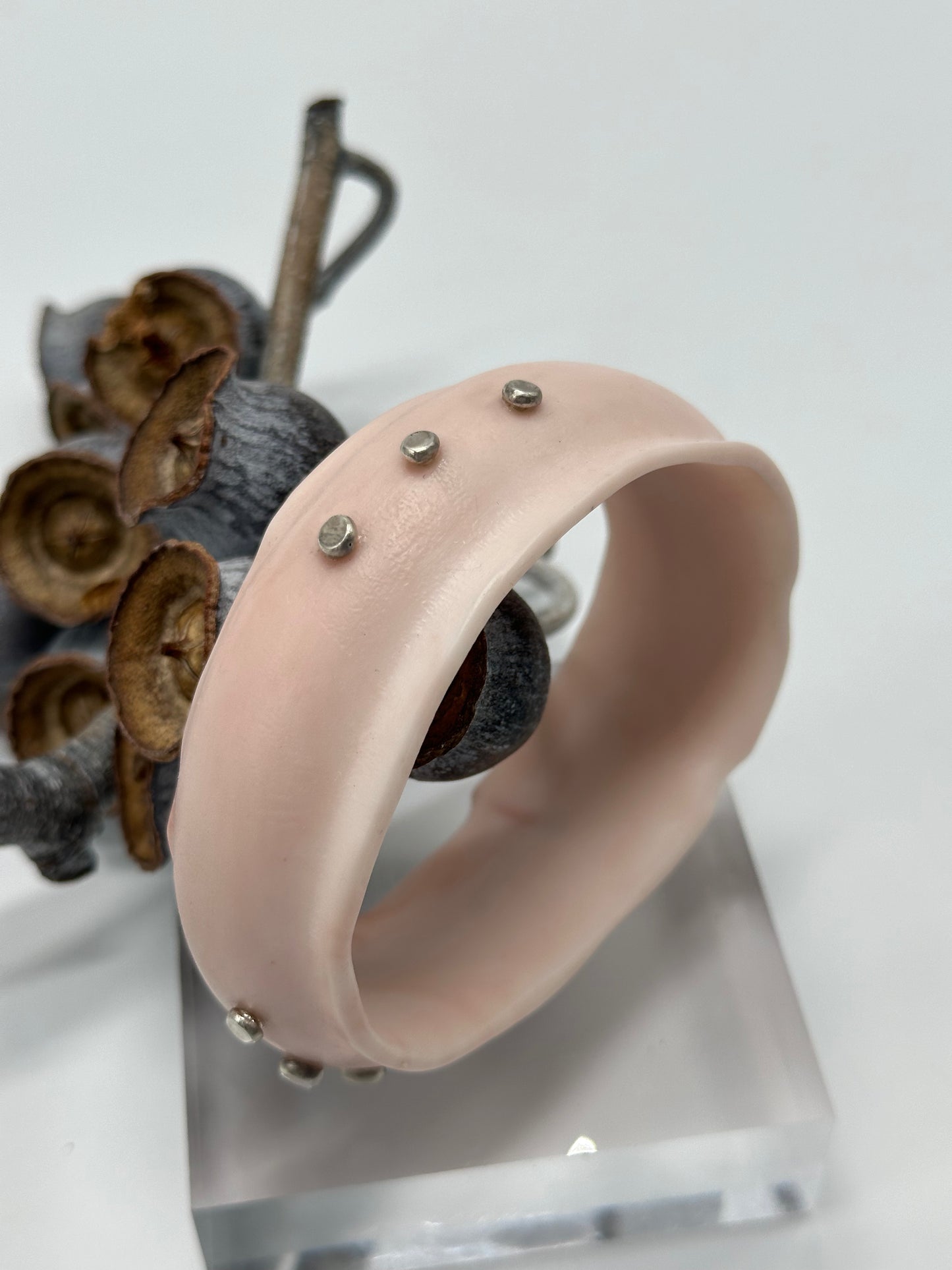 Peachy pink Resin & Silver wide bangle