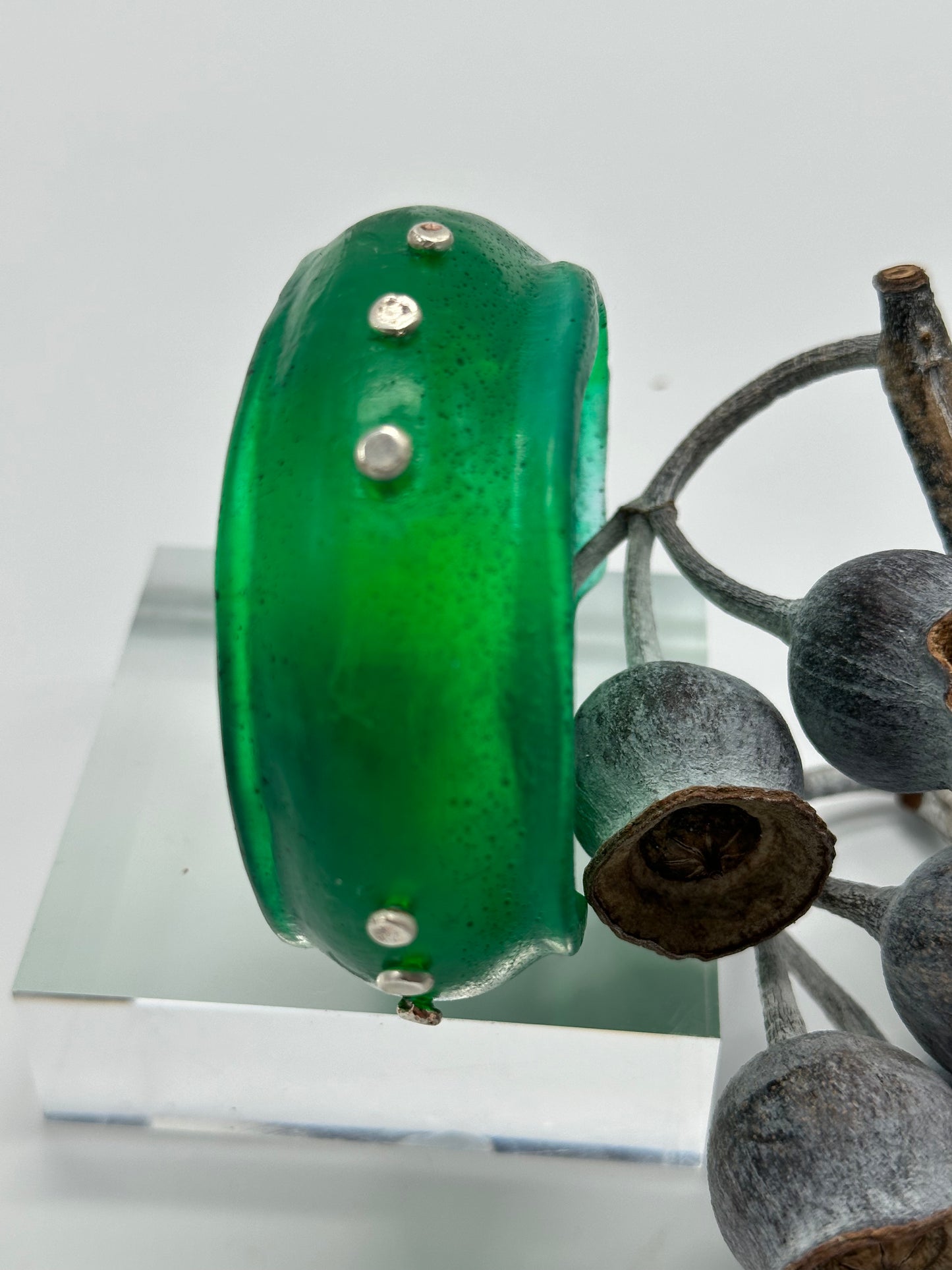 Jade Green Resin & silver wide bangle - regular hand size