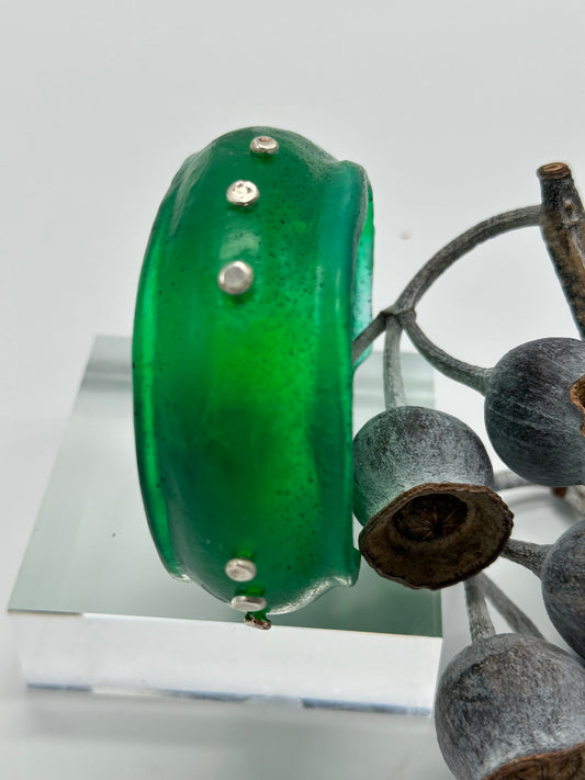 Jade Green Resin & silver wide bangle - regular hand size