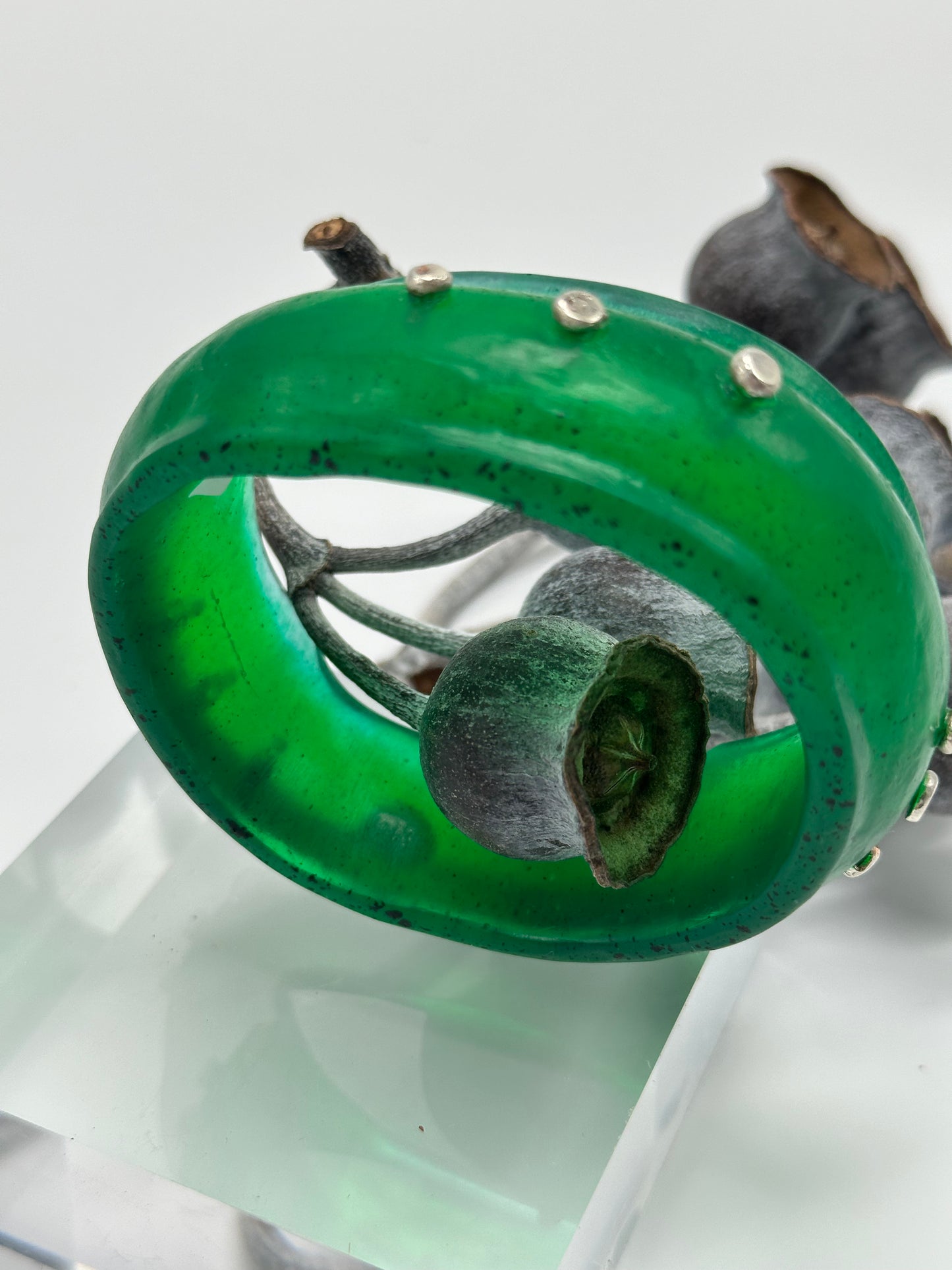 Jade Green Resin & silver wide bangle - regular hand size