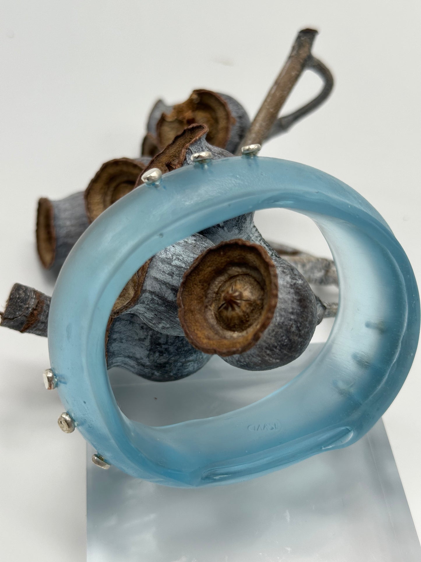 Pale Blue Resin & silver wide bangle - regular hand size