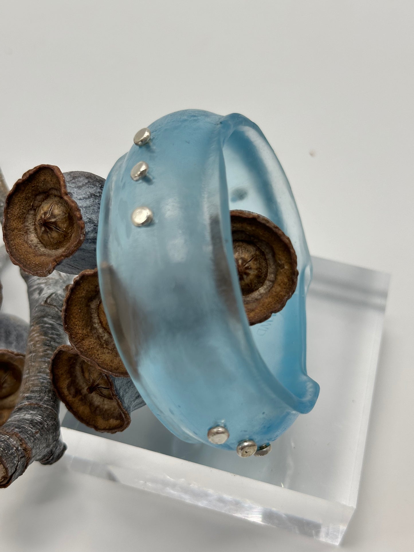 Pale Blue Resin & silver wide bangle - regular hand size