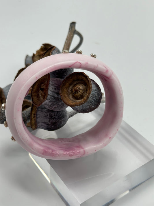 Marble Pink/white Resin & silver wide bangle - regular hand size