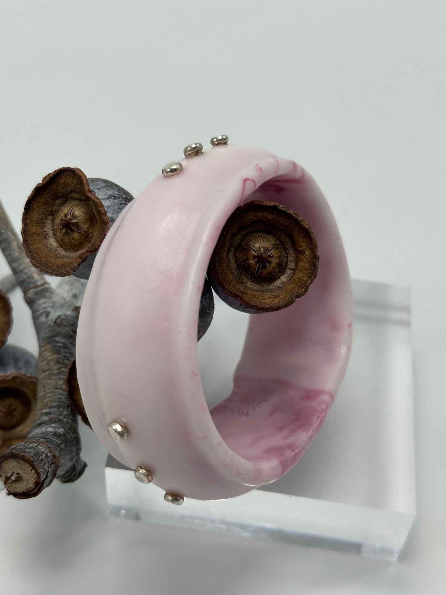 Marble Pink/white Resin & silver wide bangle - regular hand size