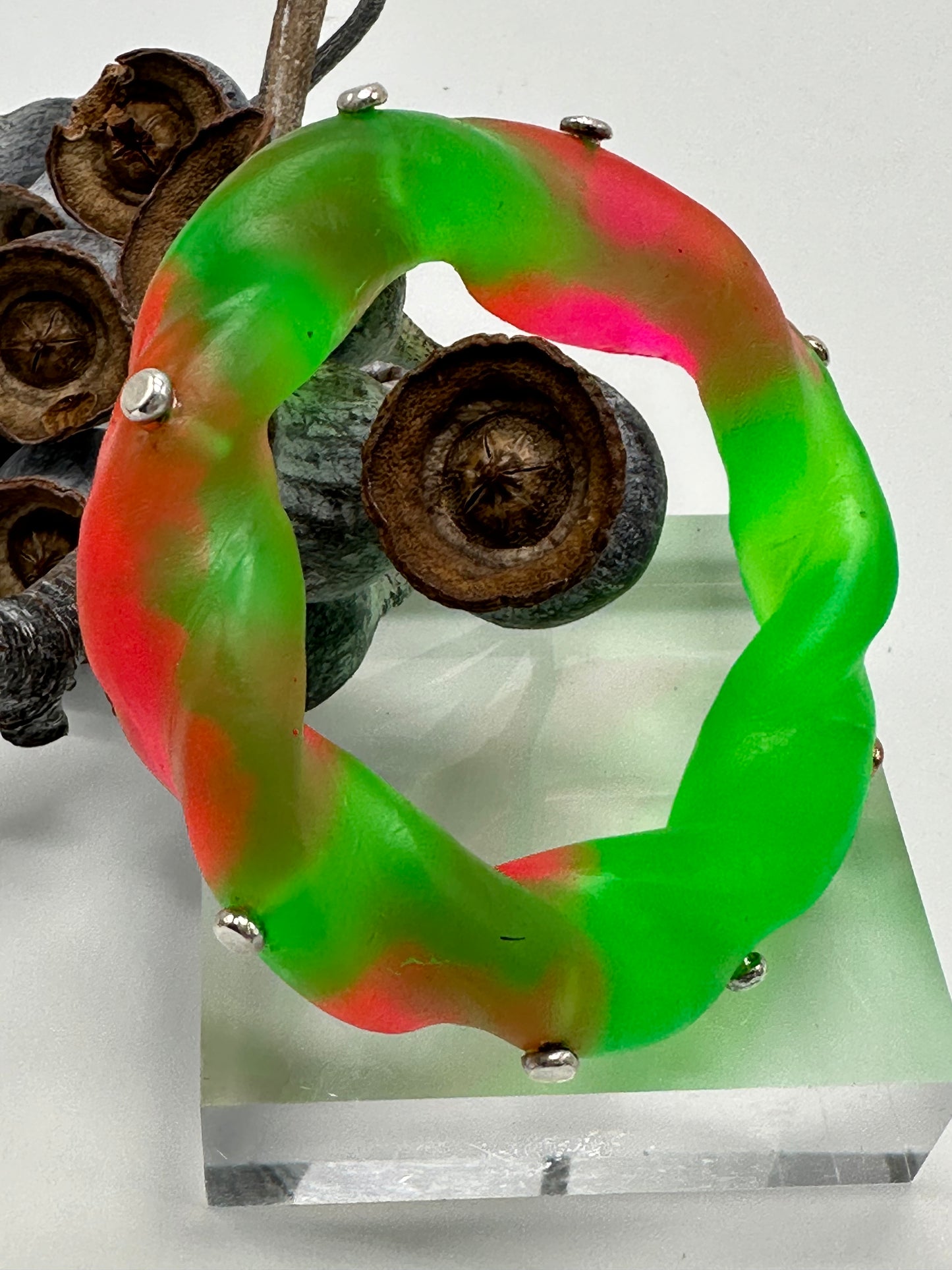 Neon Green & Pink Chunky twist resin & silver bangle