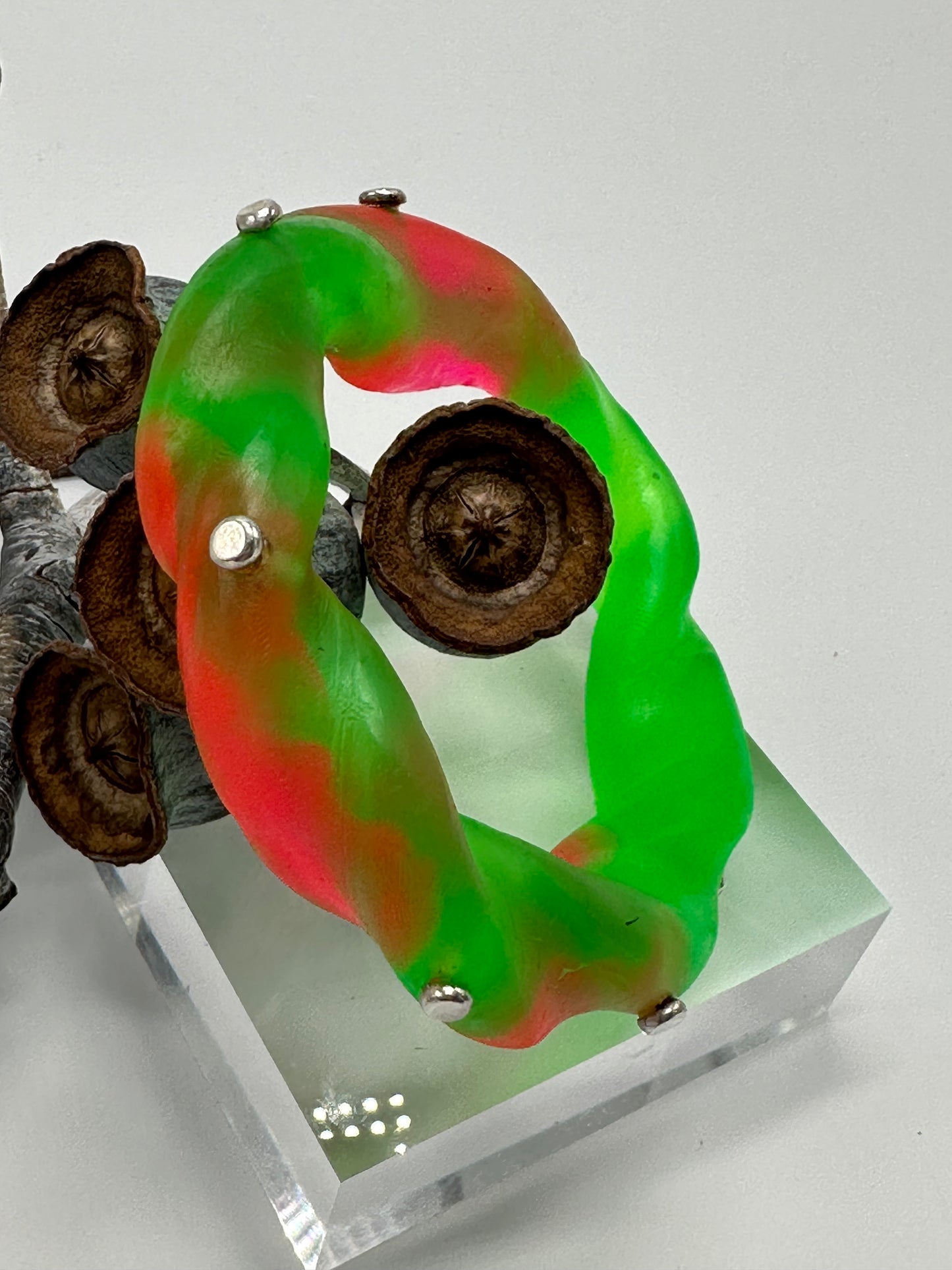 Neon Green & Pink Chunky twist resin & silver bangle