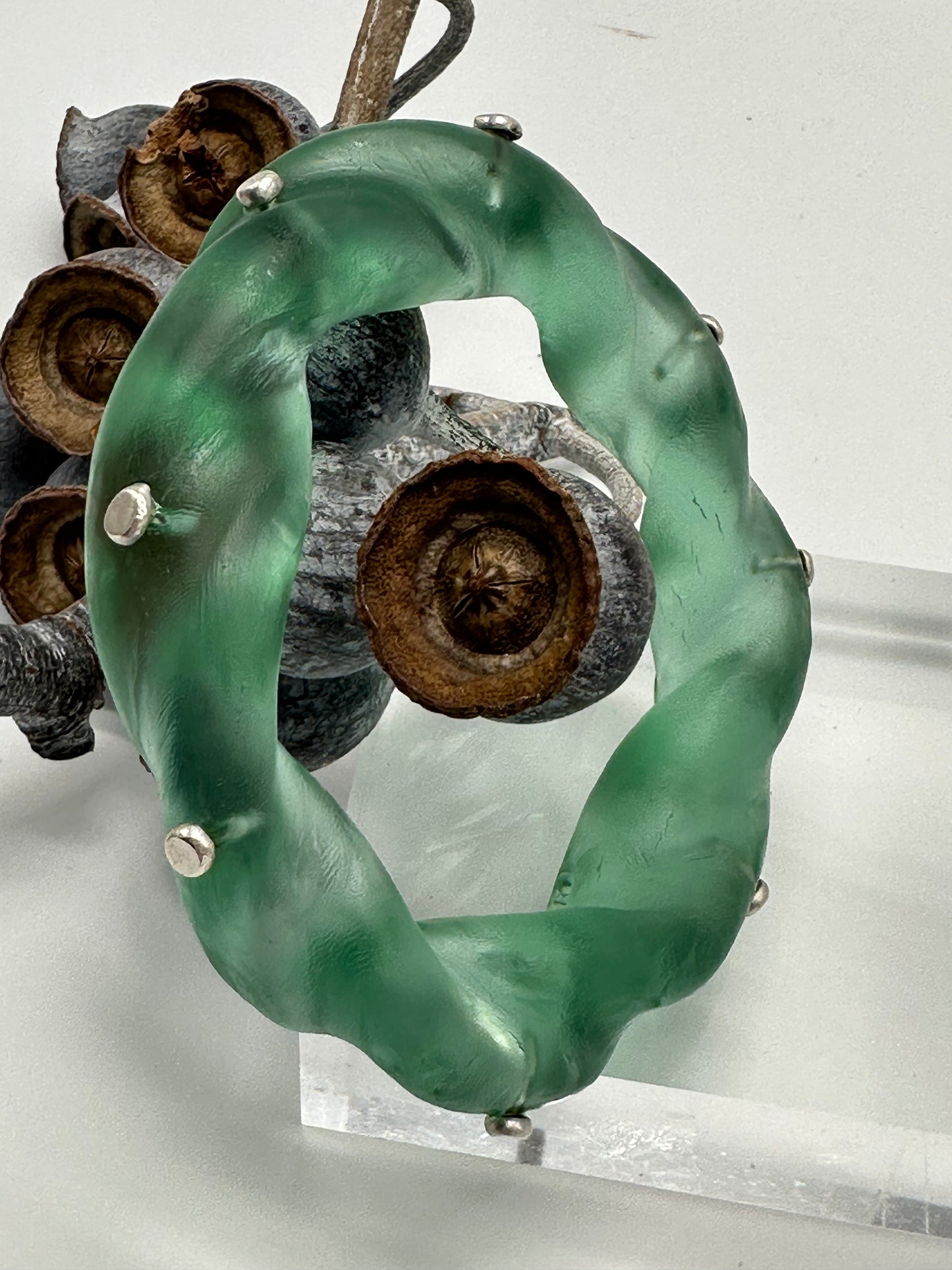 Translucent Green Chunky twist resin & silver bangle