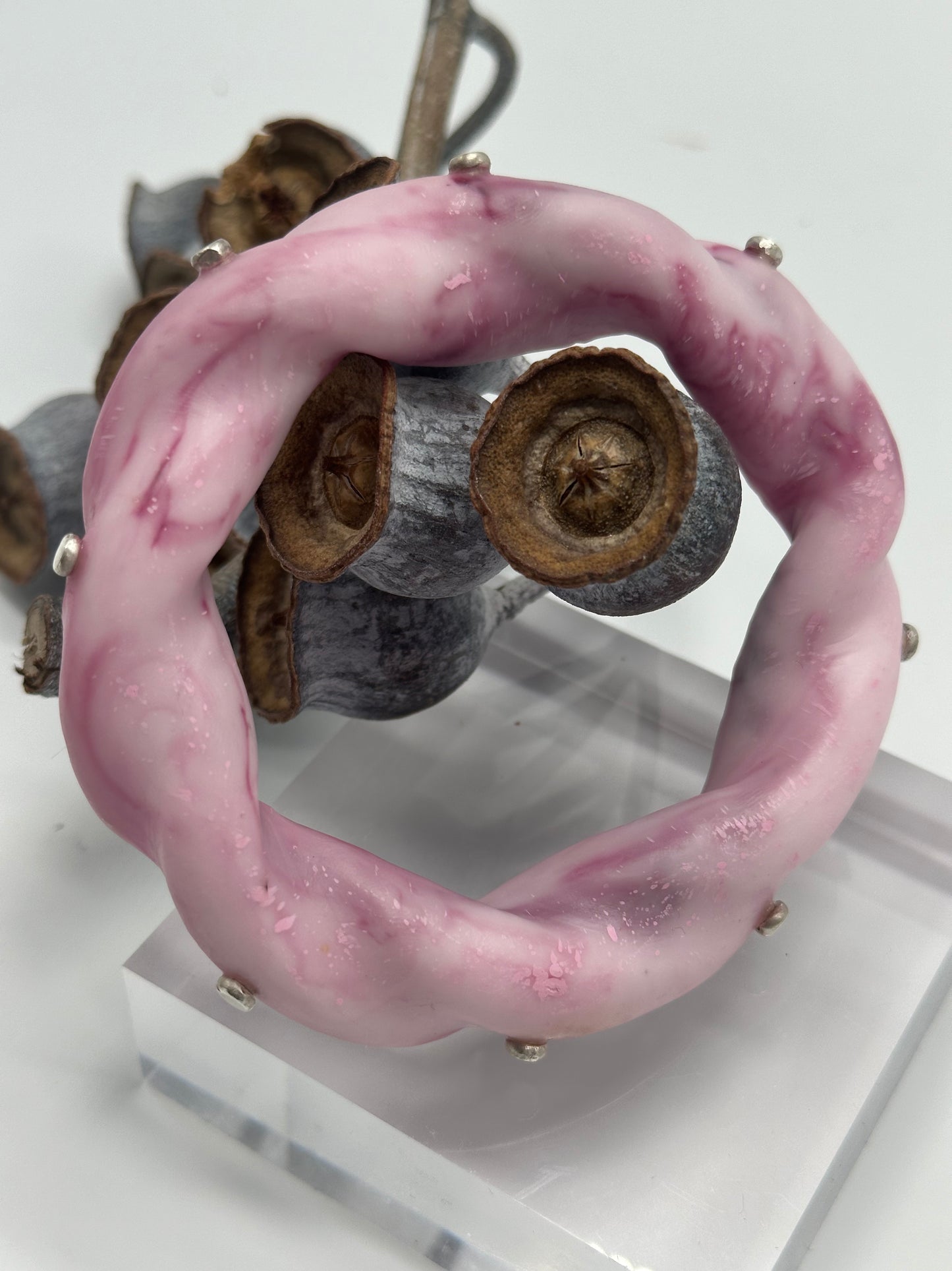 Pink Marble Chunky twist resin & silver bangle