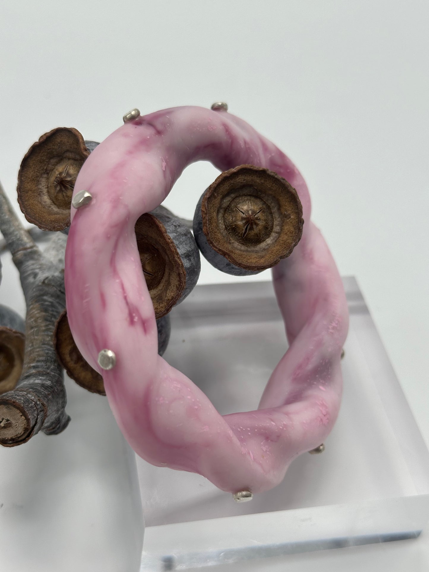 Pink Marble Chunky twist resin & silver bangle