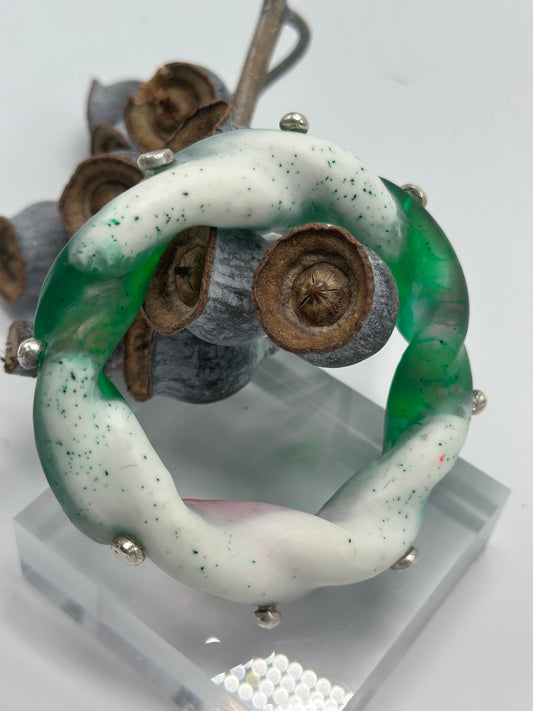 Green, White & pink Chunky twist resin & silver bangle