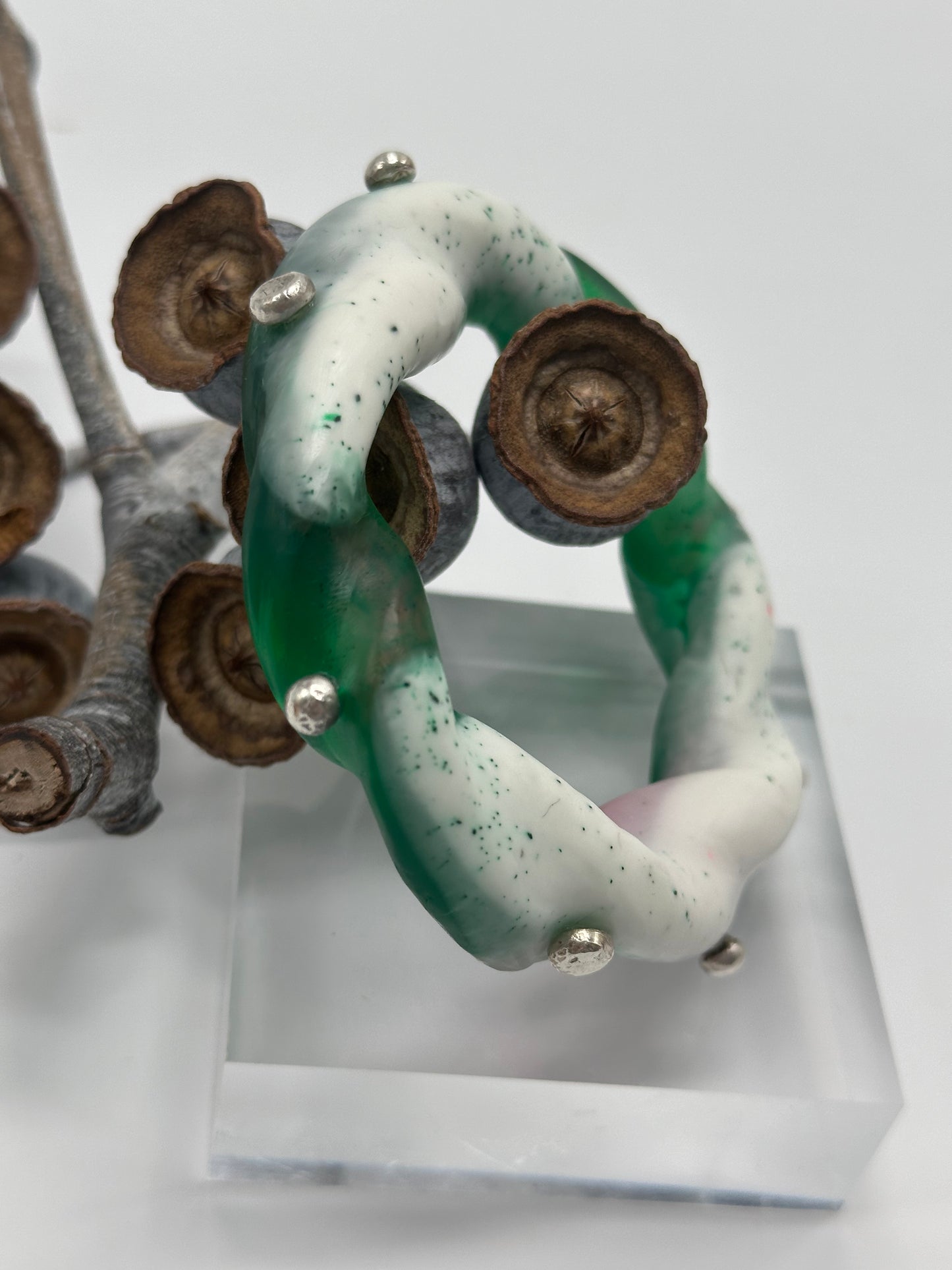 Green, White & pink Chunky twist resin & silver bangle