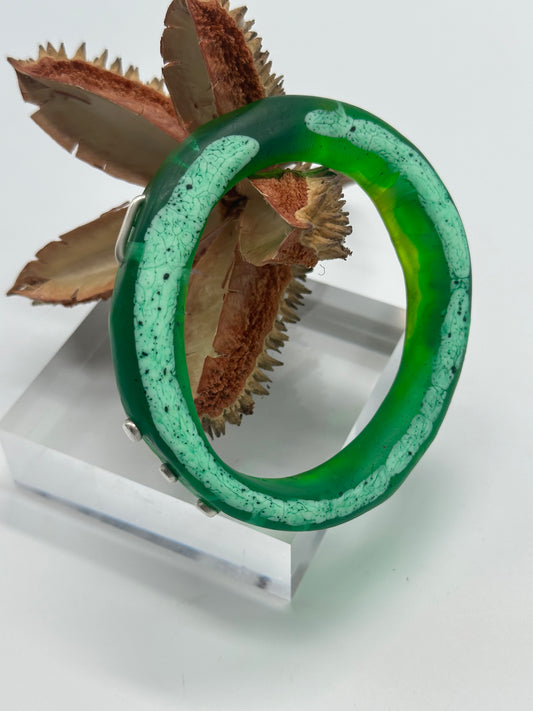 Jade Green & white resin & silver 'woopy' bangle