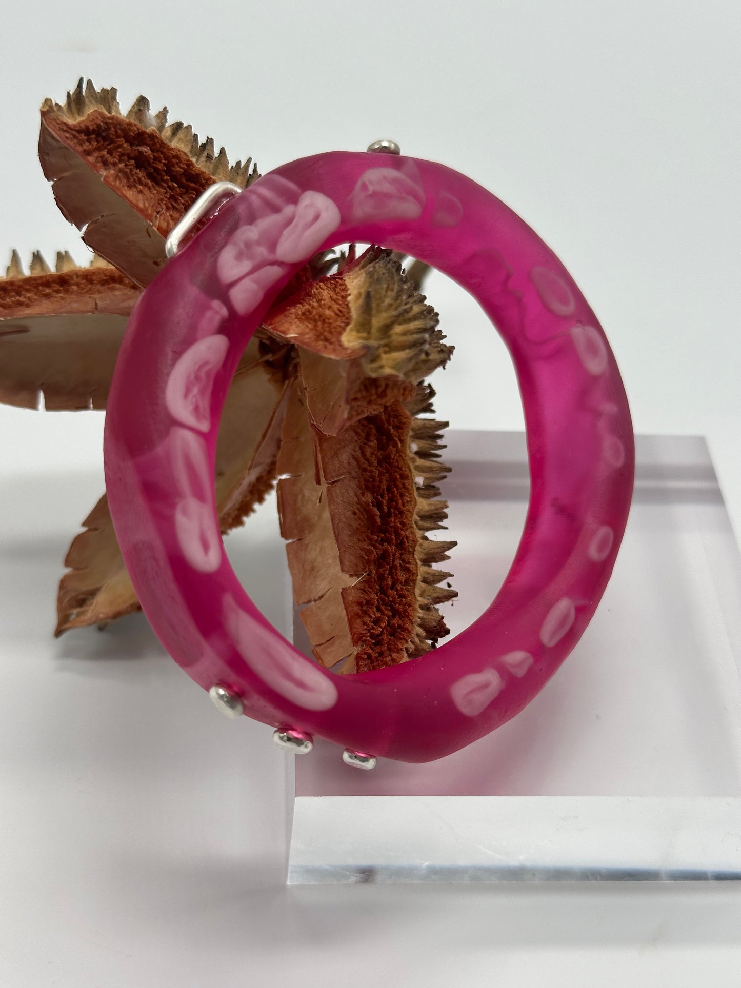 Strawberry Red & white resin & silver 'woopy' bangle