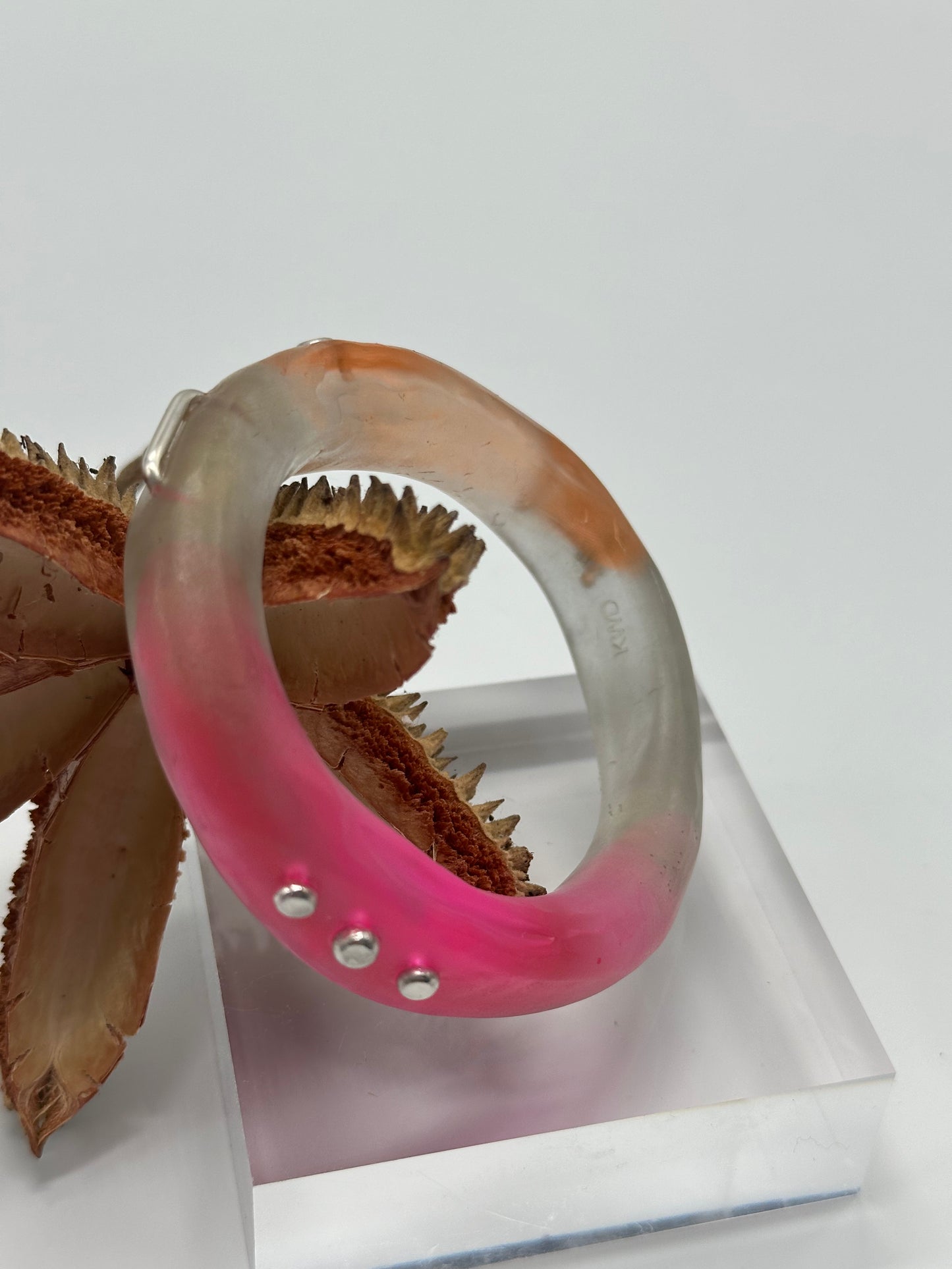 Pink, Grey & Orange resin & silver 'woopy' bangle
