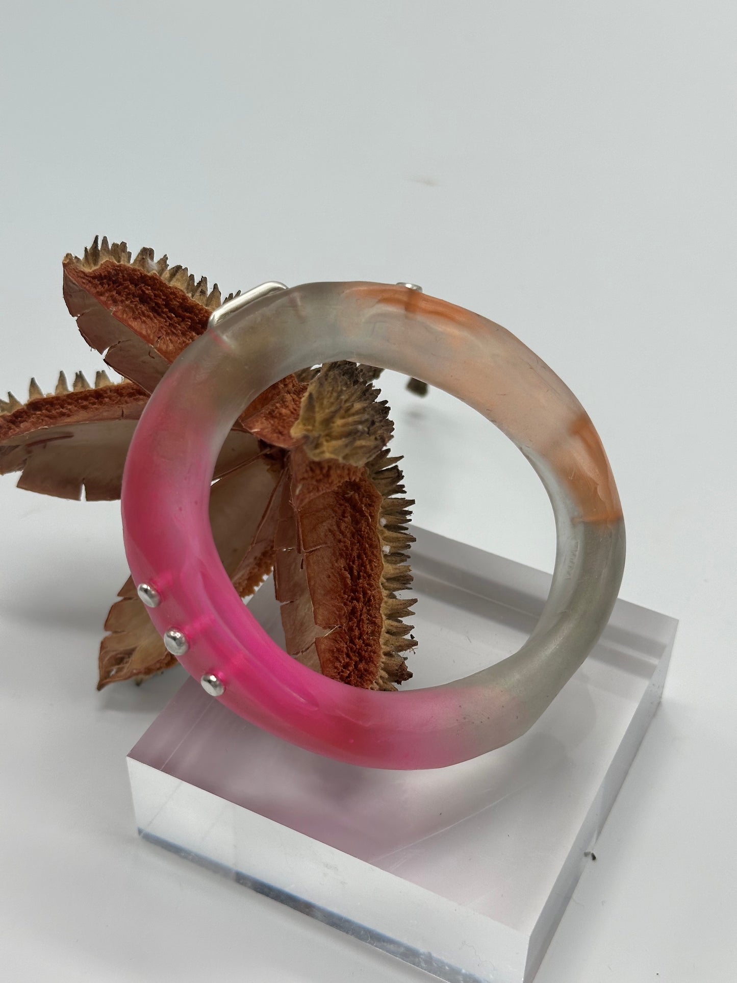 Pink, Grey & Orange resin & silver 'woopy' bangle