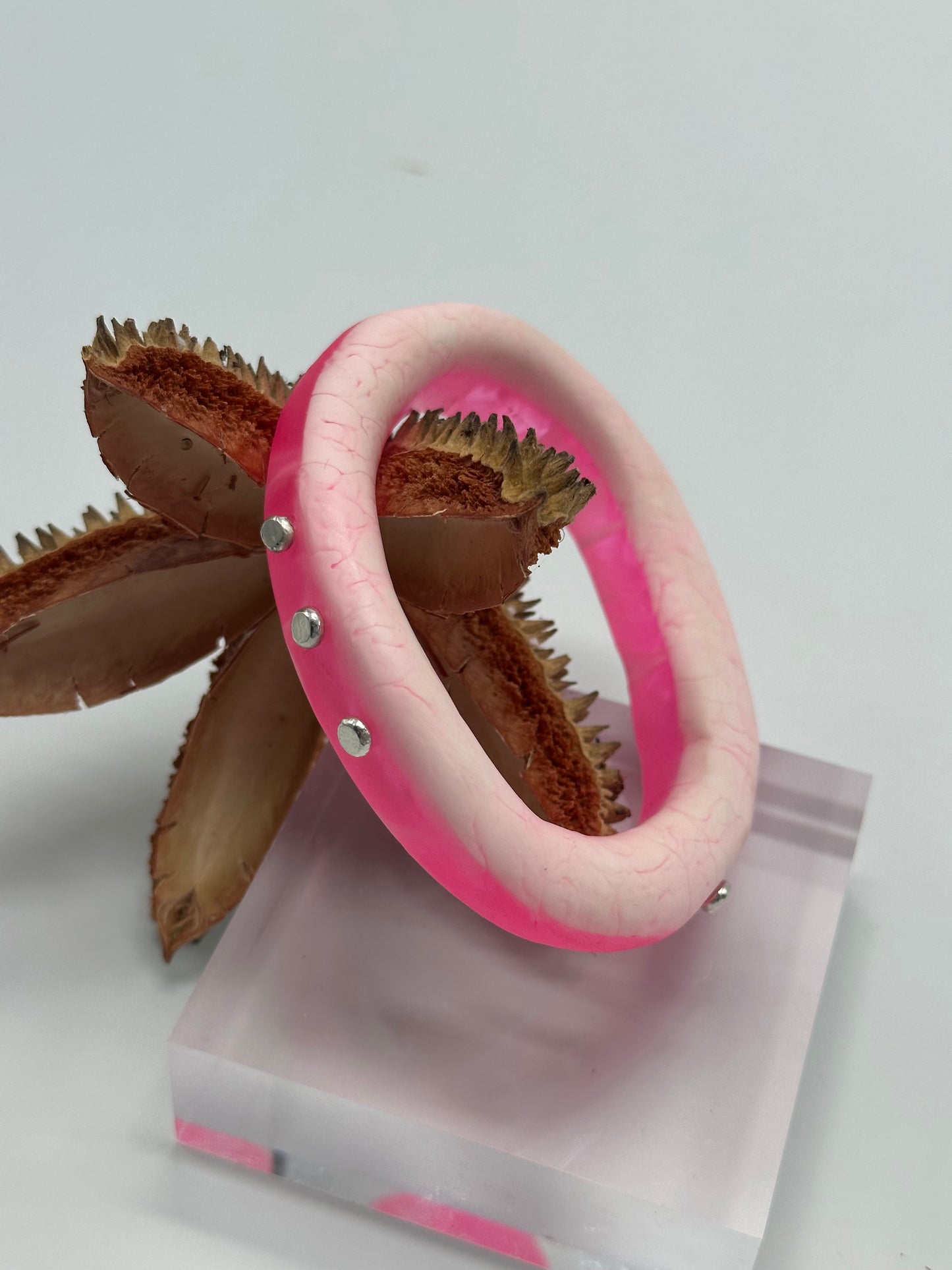 Neon Pink/white resin & silver 'woopy' bangle