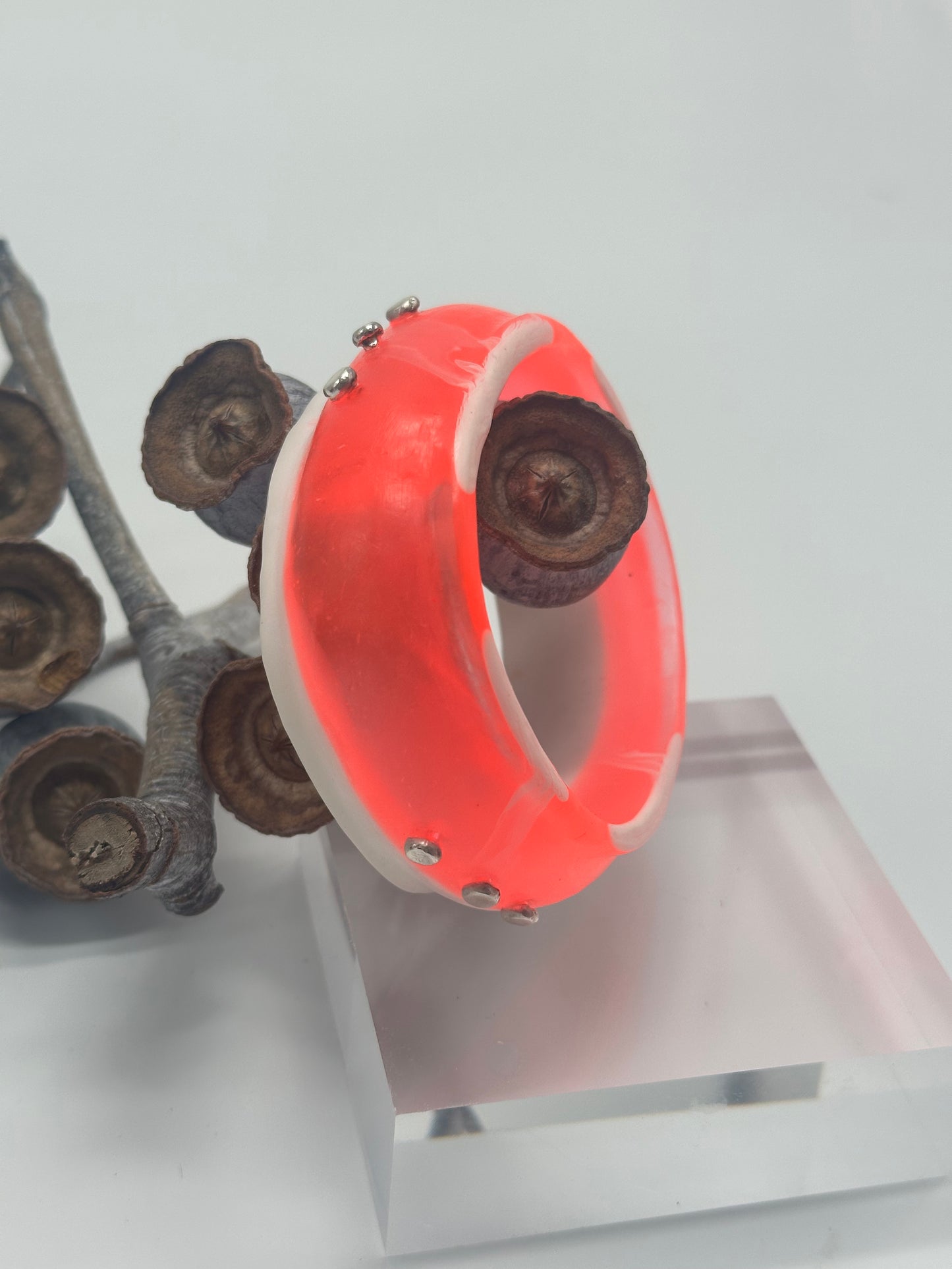 Neon Red/white swirl Resin & silver wide bangle - regular hand size