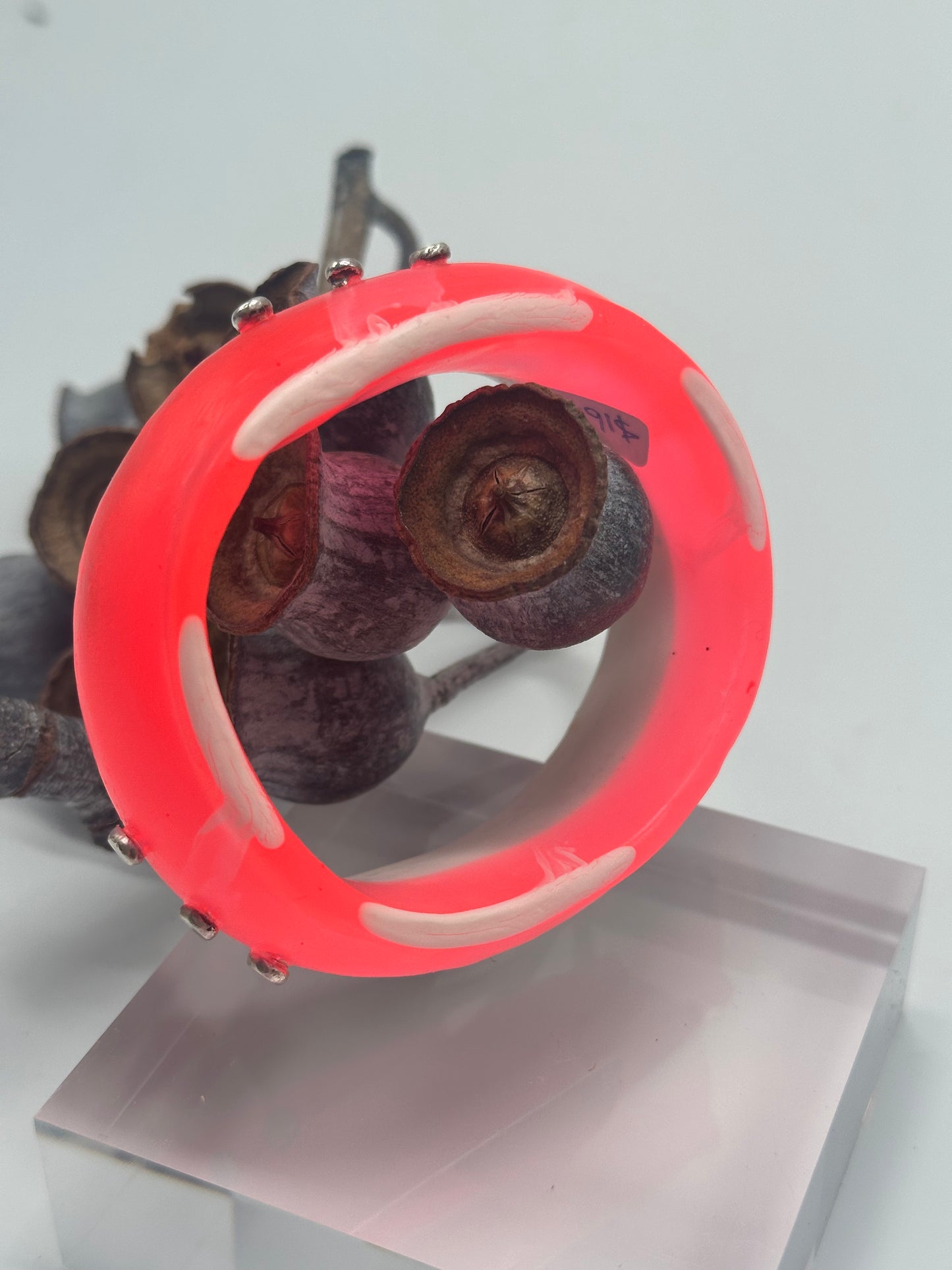 Neon Red/white swirl Resin & silver wide bangle - regular hand size