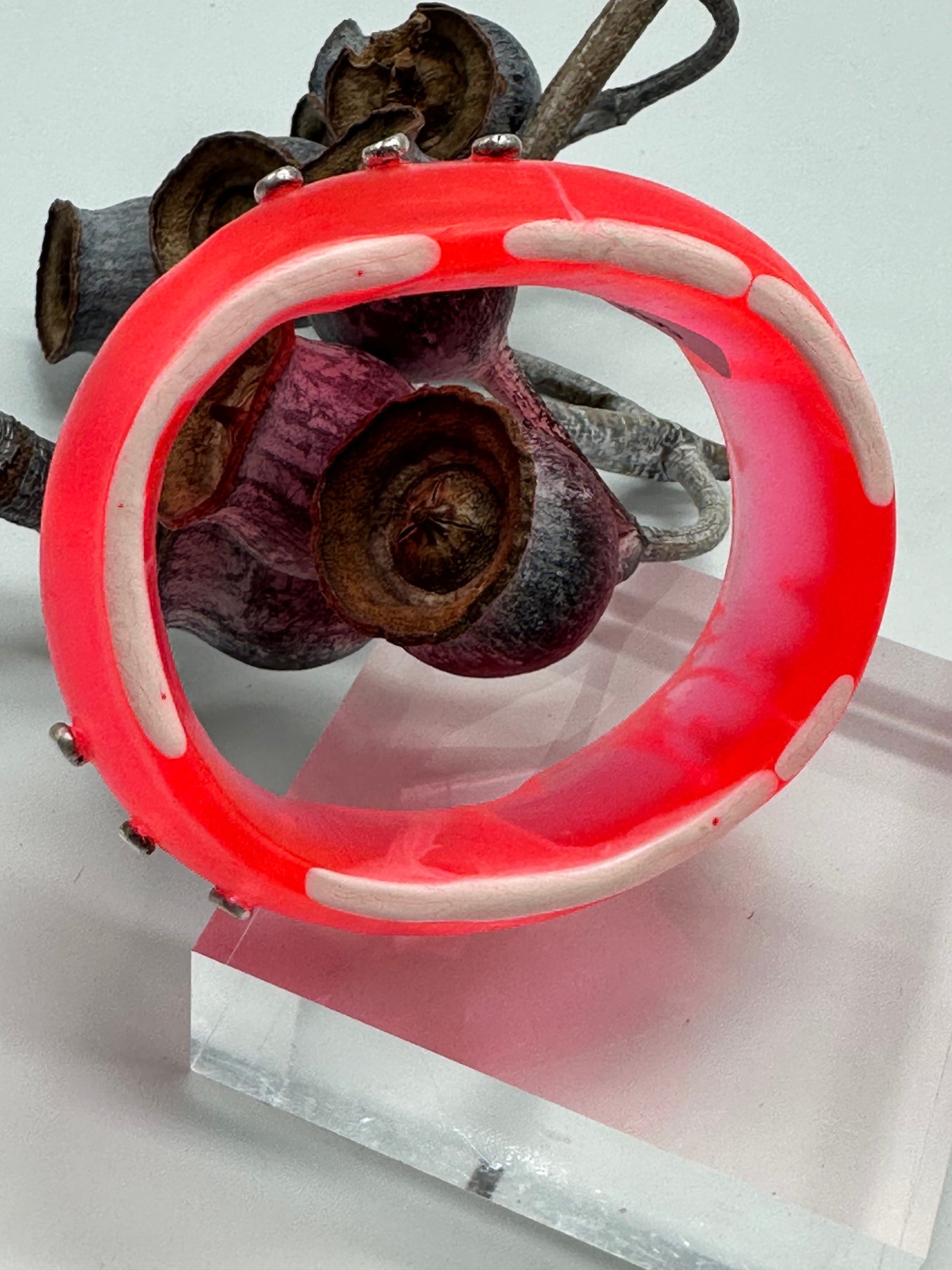 Neon Red/white swirl Resin & silver wide bangle - regular hand size