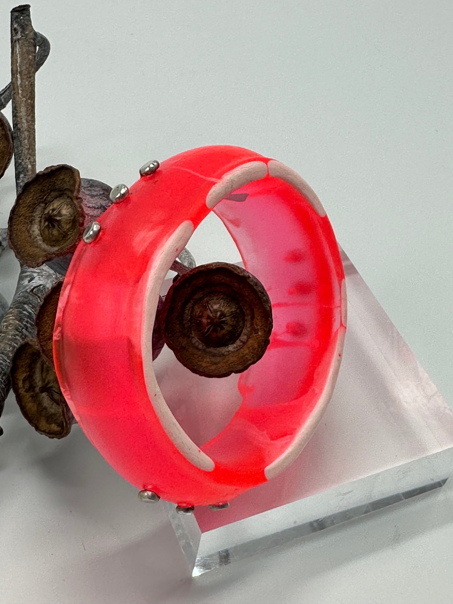 Neon Red/white swirl Resin & silver wide bangle - regular hand size