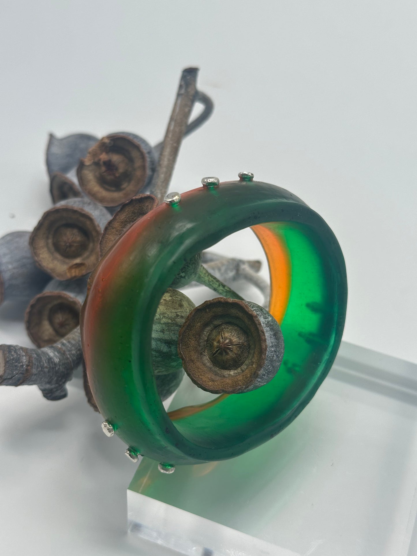 Tortoise Shell/Green Resin & silver wide bangle - regular hand size