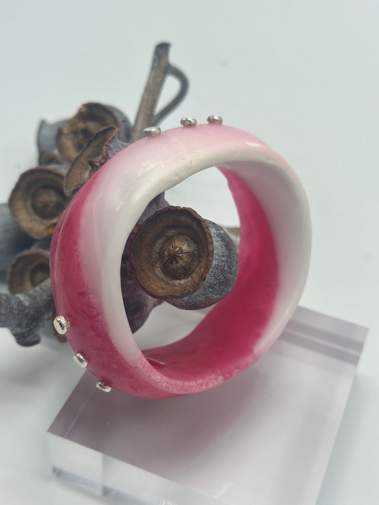 Red/White Resin & silver wide bangle - regular hand size
