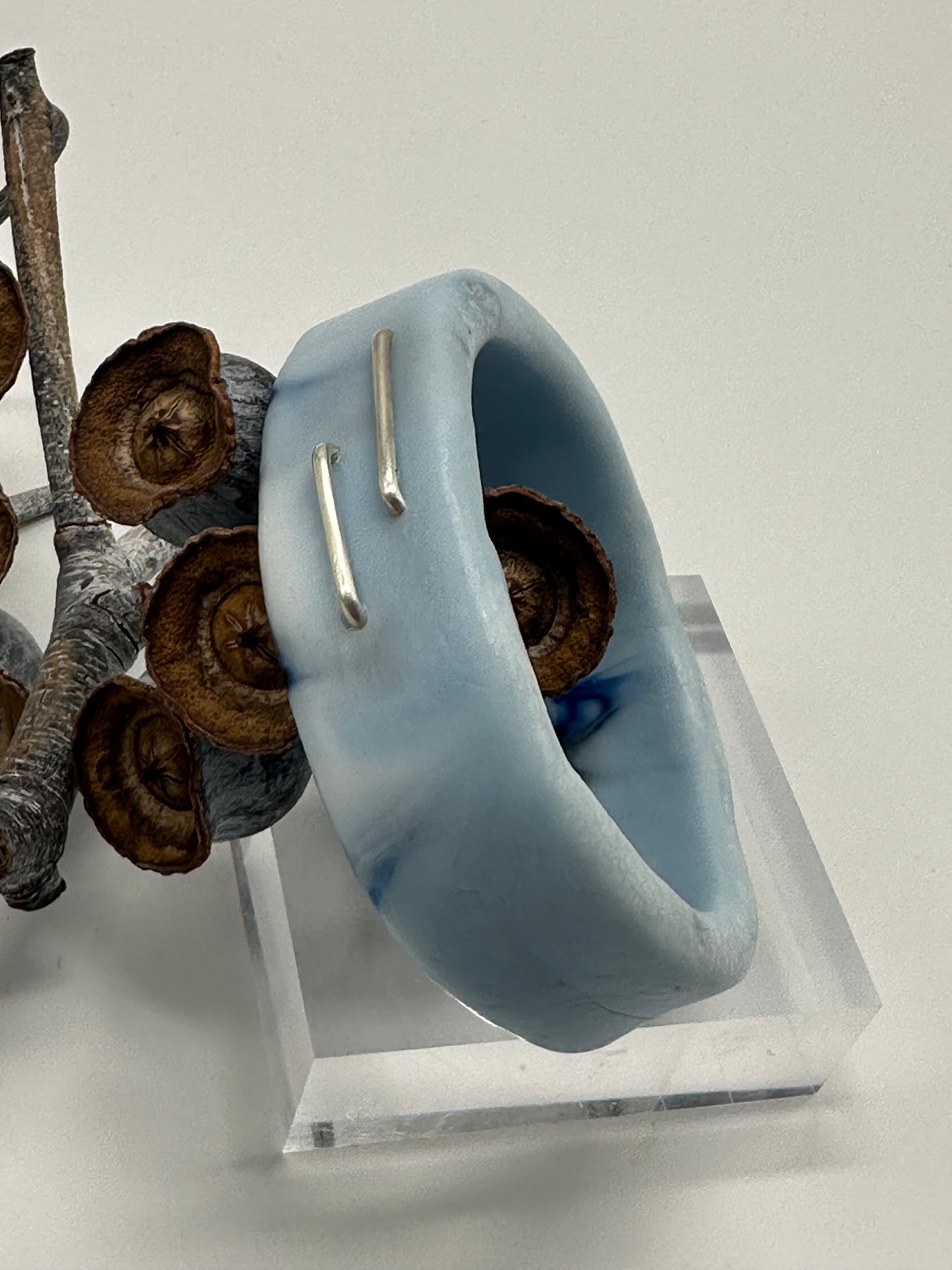 Baby Blue & Navy XL Irregular KWD Resin & Silver Bangle
