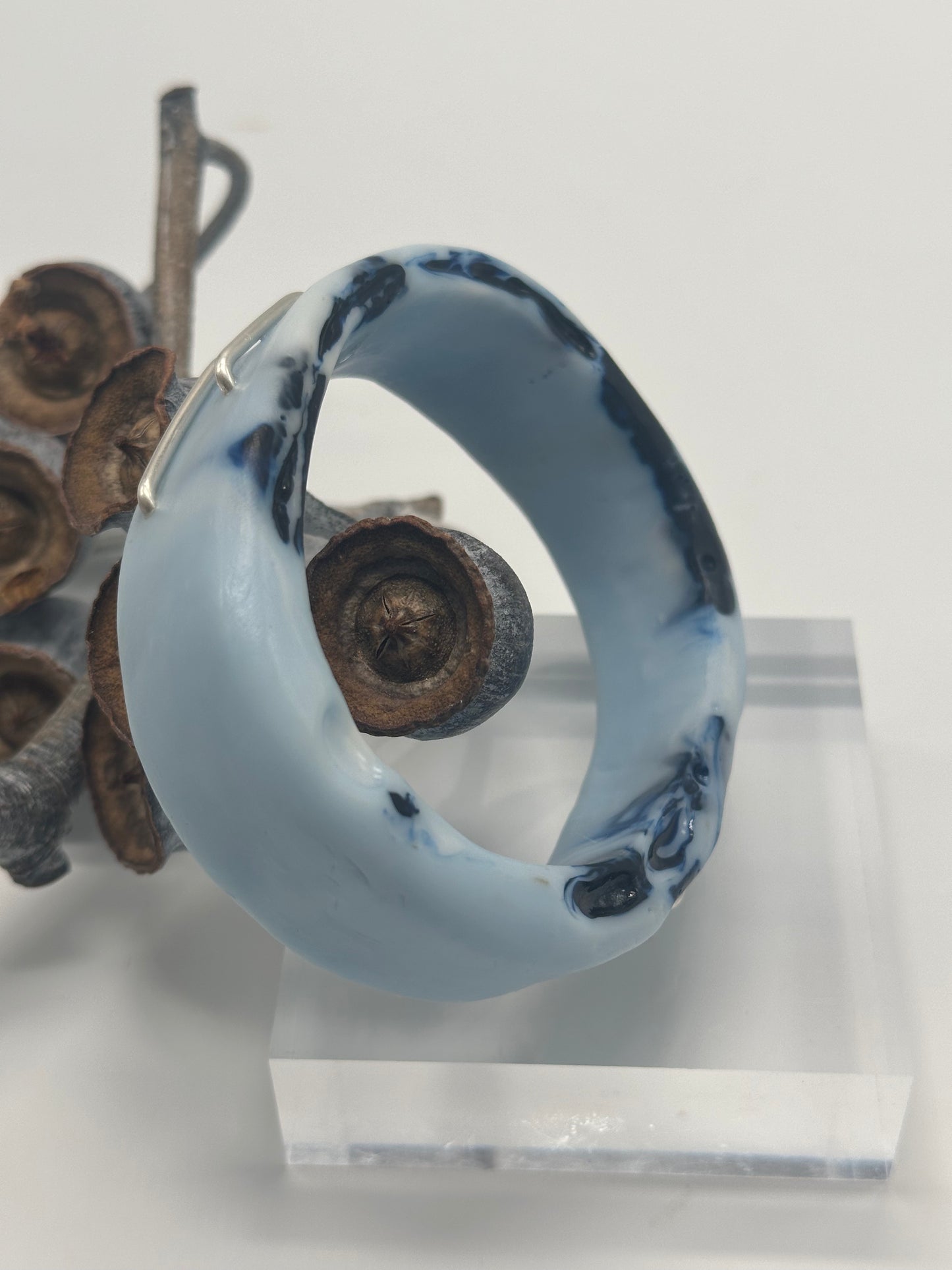 Baby Blue & Navy XL Irregular KWD Resin & Silver Bangle