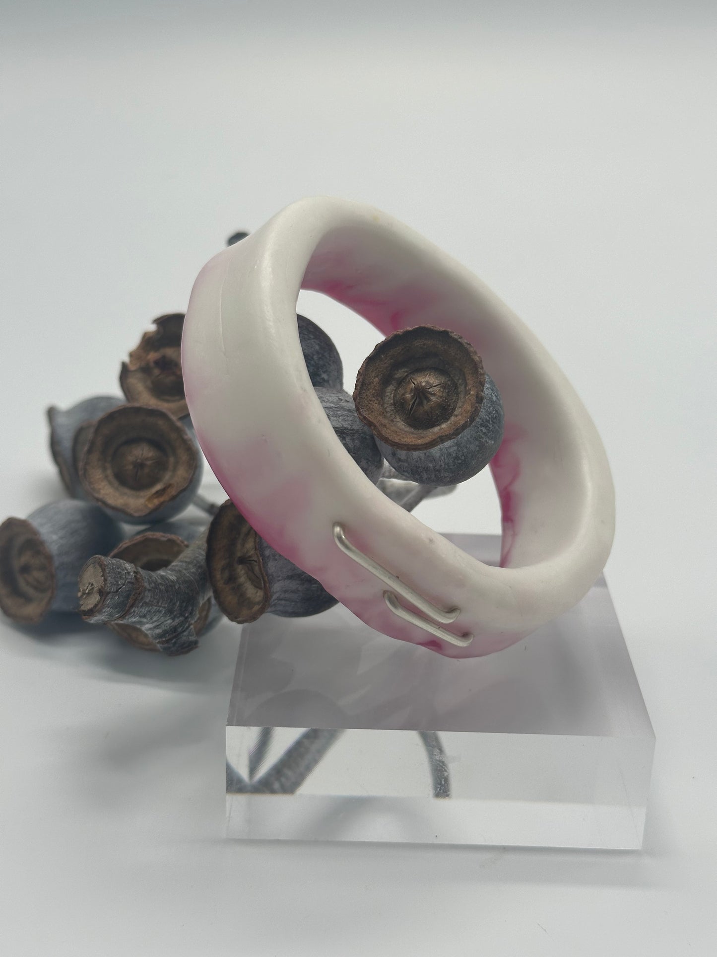 Strawberry Red & White XL Irregular KWD Resin & Silver Bangle