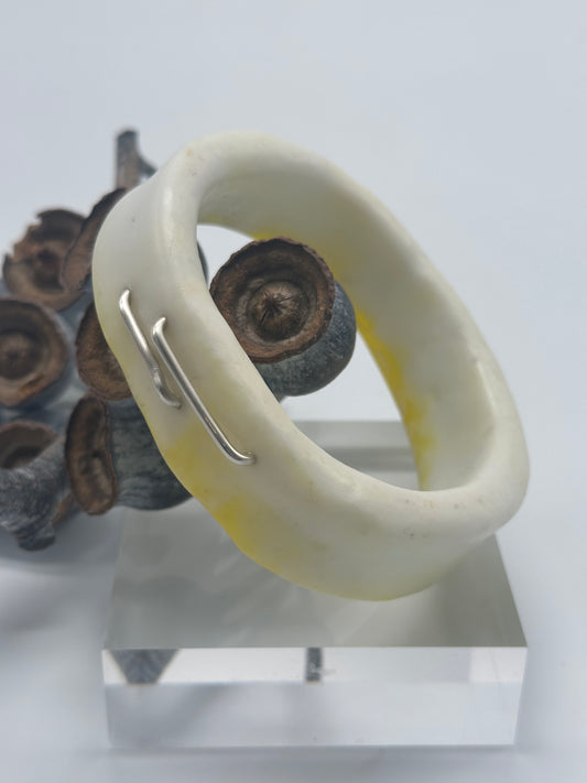 Yellow & White XL Irregular KWD Resin & Silver Bangle