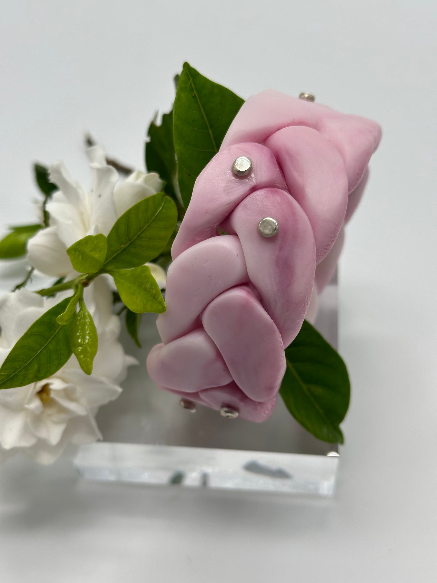 Marbled Pink coloured Plaited Resin and silver bangle