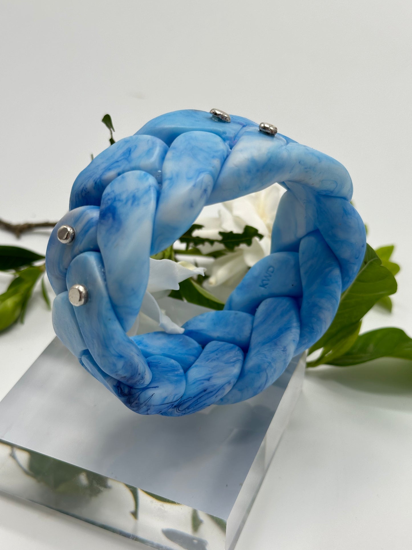 Marbled Blue coloured Plaited Resin and silver bangle