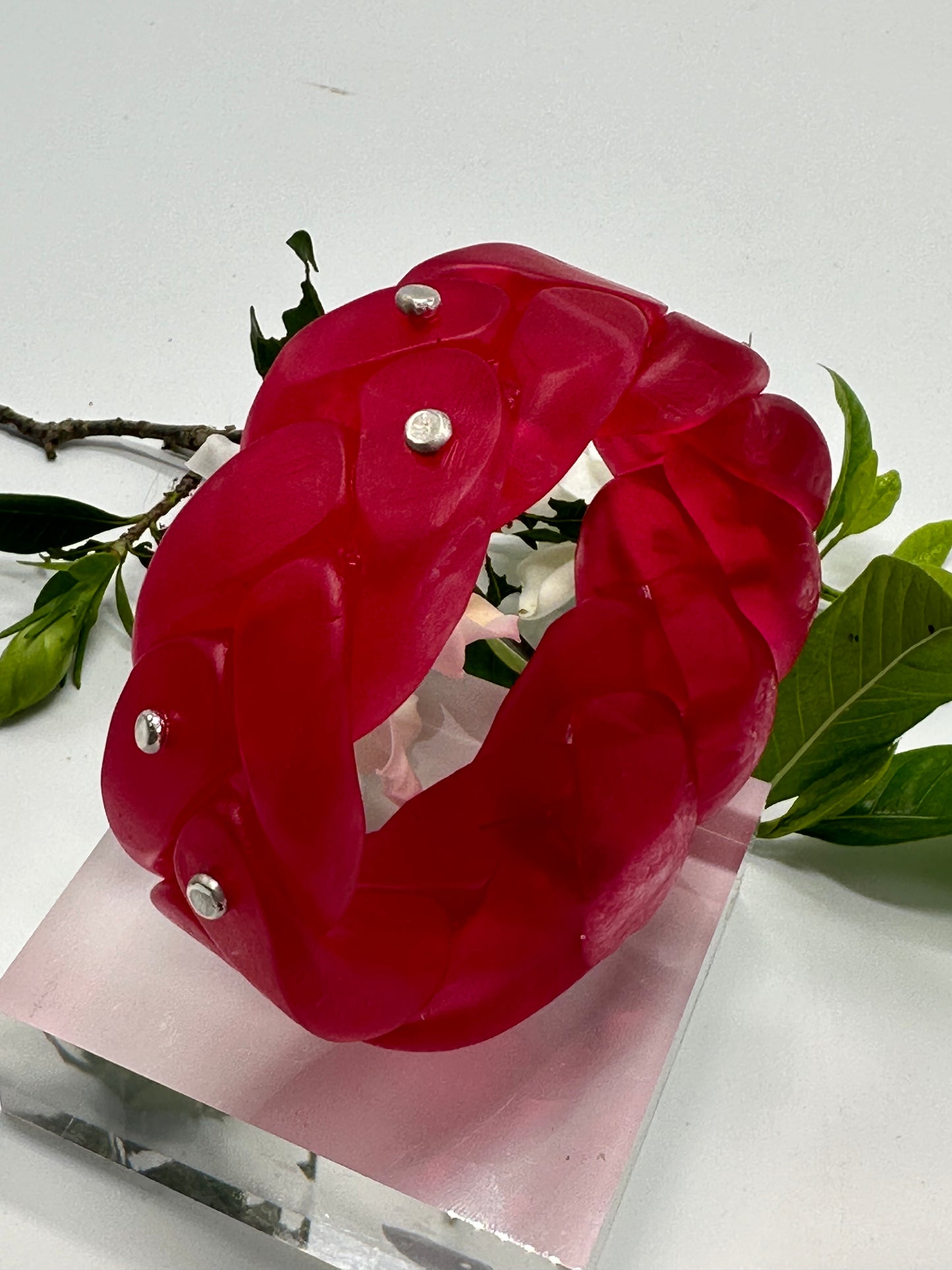 Dark Red coloured Plaited Resin and silver bangle