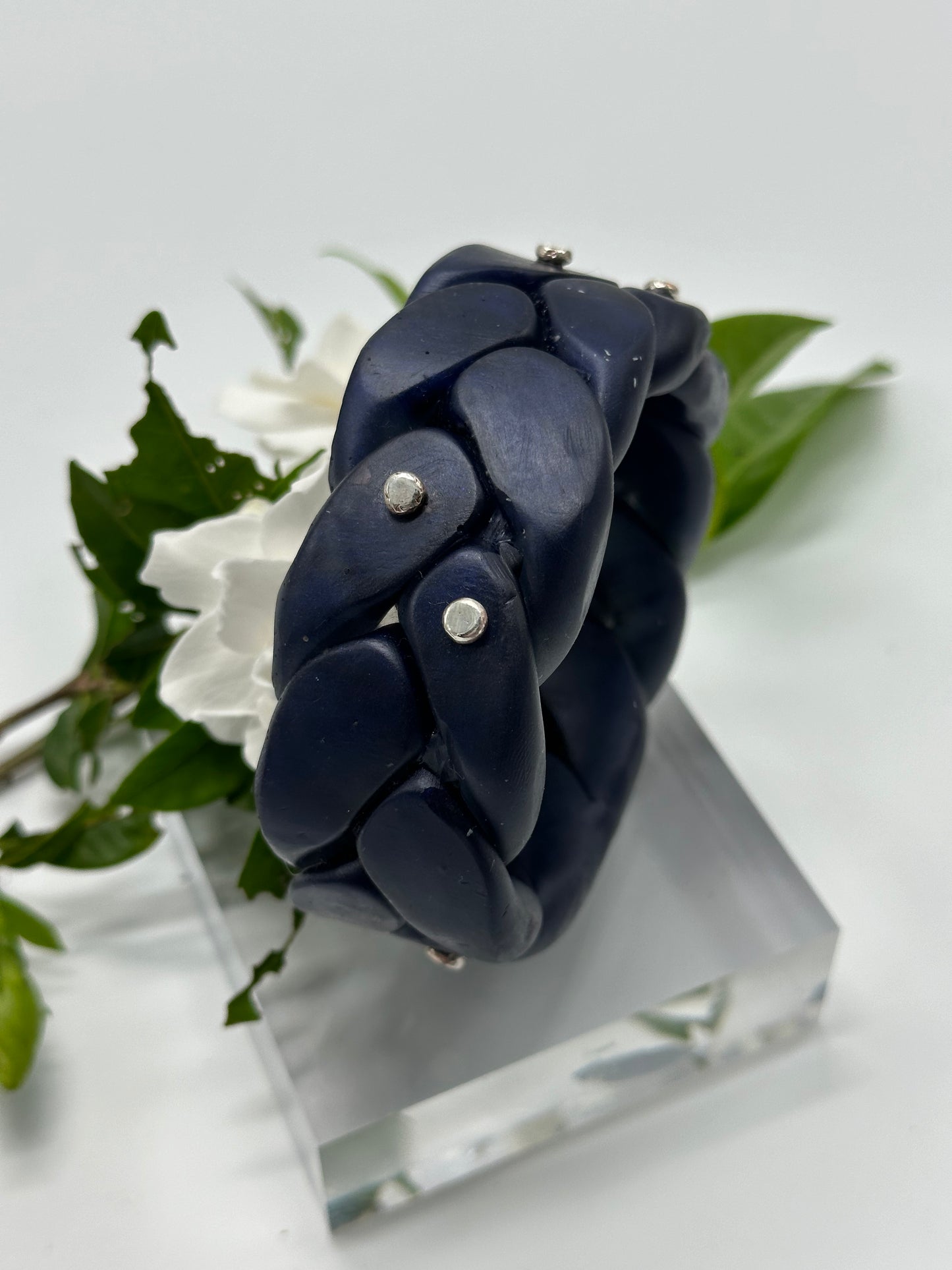 Navy Plaited Resin and silver bangle