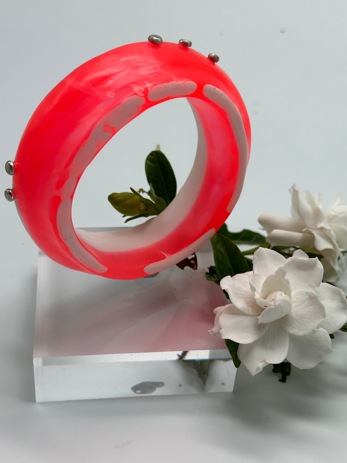 Neon Red & White Resin with sterling silver - XL