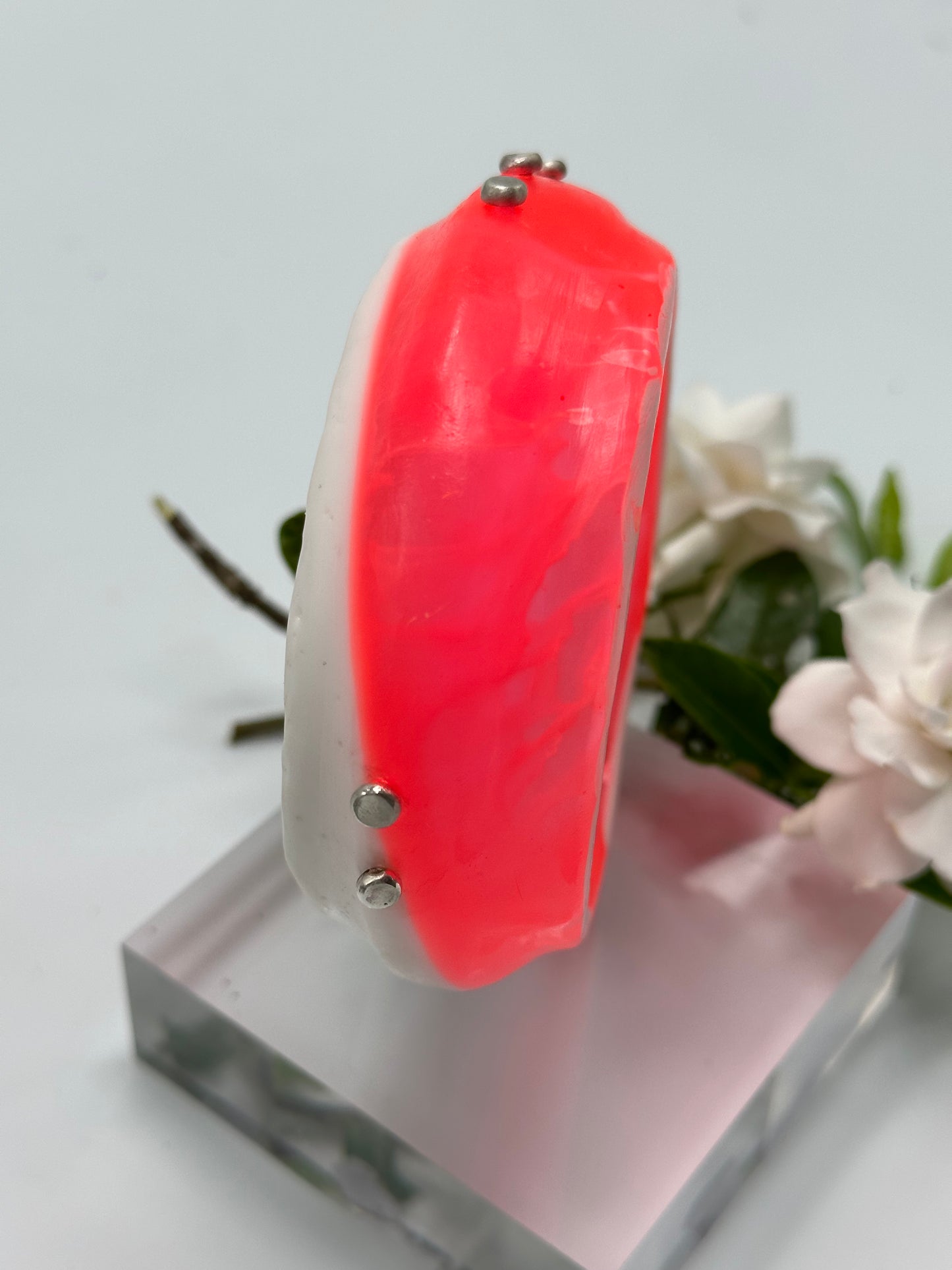 Neon Red & White Resin with sterling silver - XL